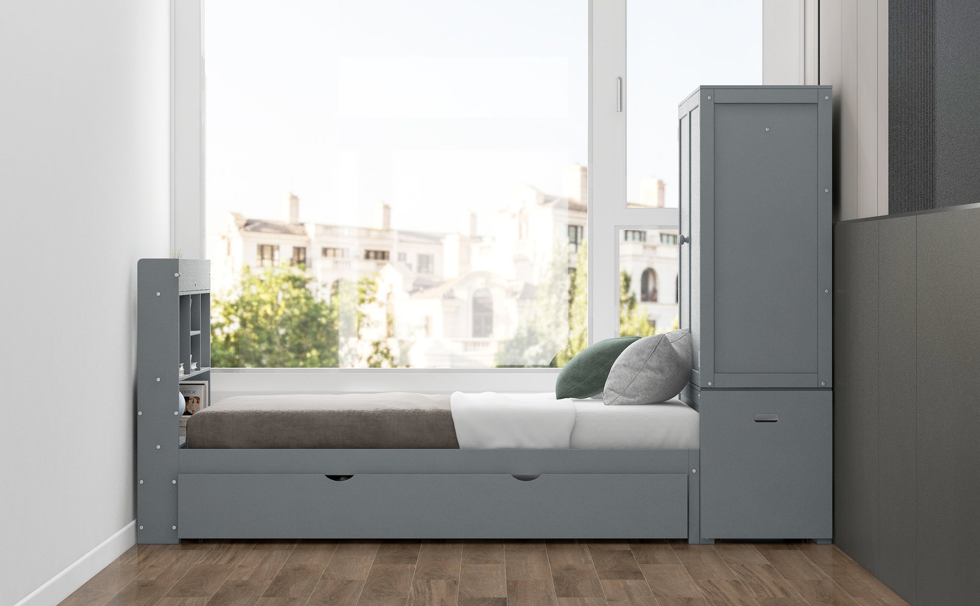 Twin Size Platform Bed With Storage Headboard And Footboard, Pull Out Shelves And Twin Size Trundle, Gray Box Spring Not Required Twin Gray Wood Bedroom Bed Frame Solid Wood Mdf