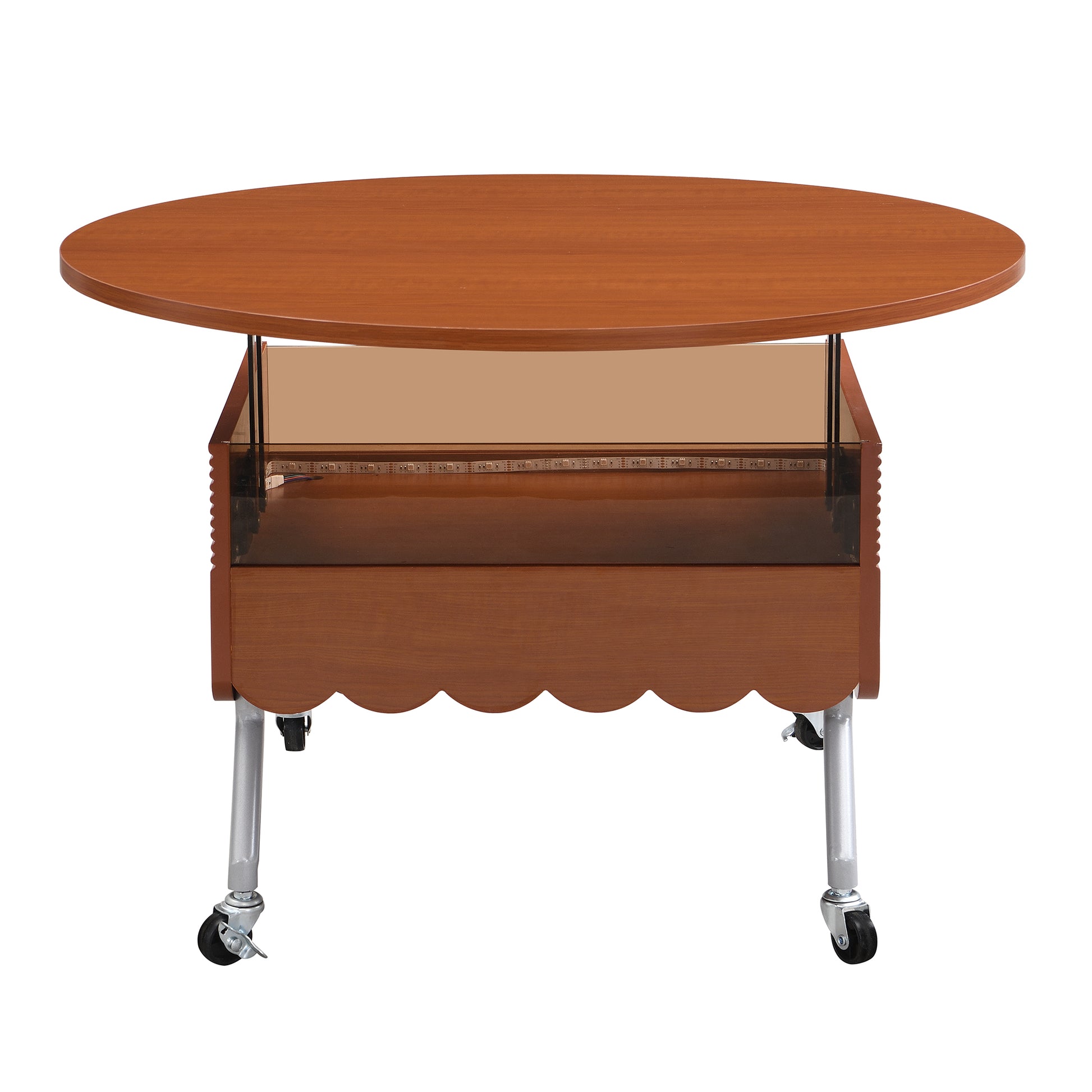 Round Lift Top Coffee Table With Wheels, Metal Frame And Multi Color Lighting In 27.6" Mahogany Glass,Mdf Metal