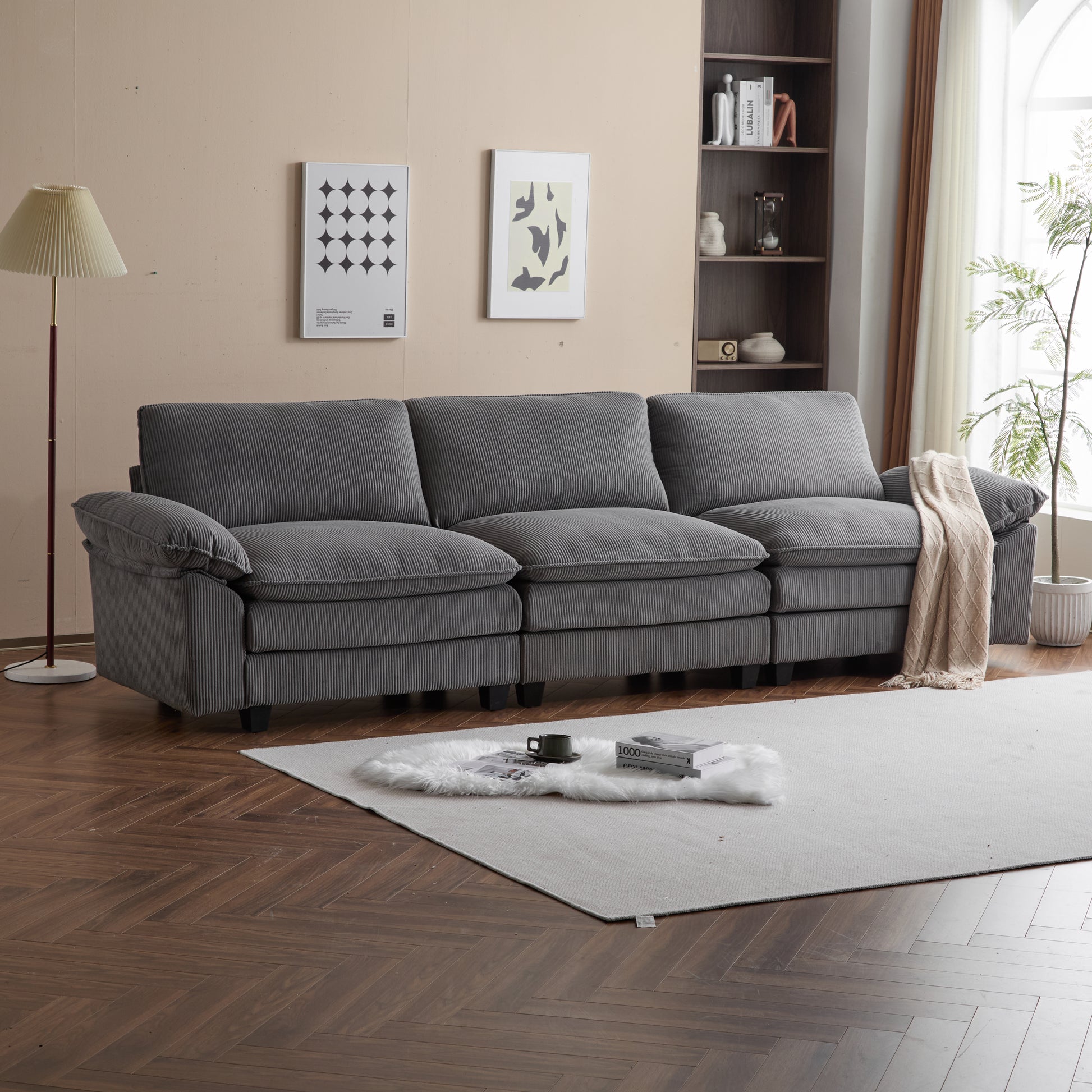 Modular Sectional Sofa With Movable Ottoman,L Shaped Corduroy Fabric Couch With High Supportive & Soft Sponges And Removable Ottoman, Sleeper Comfy Upholstered Furniture For Living Room Grey Grey