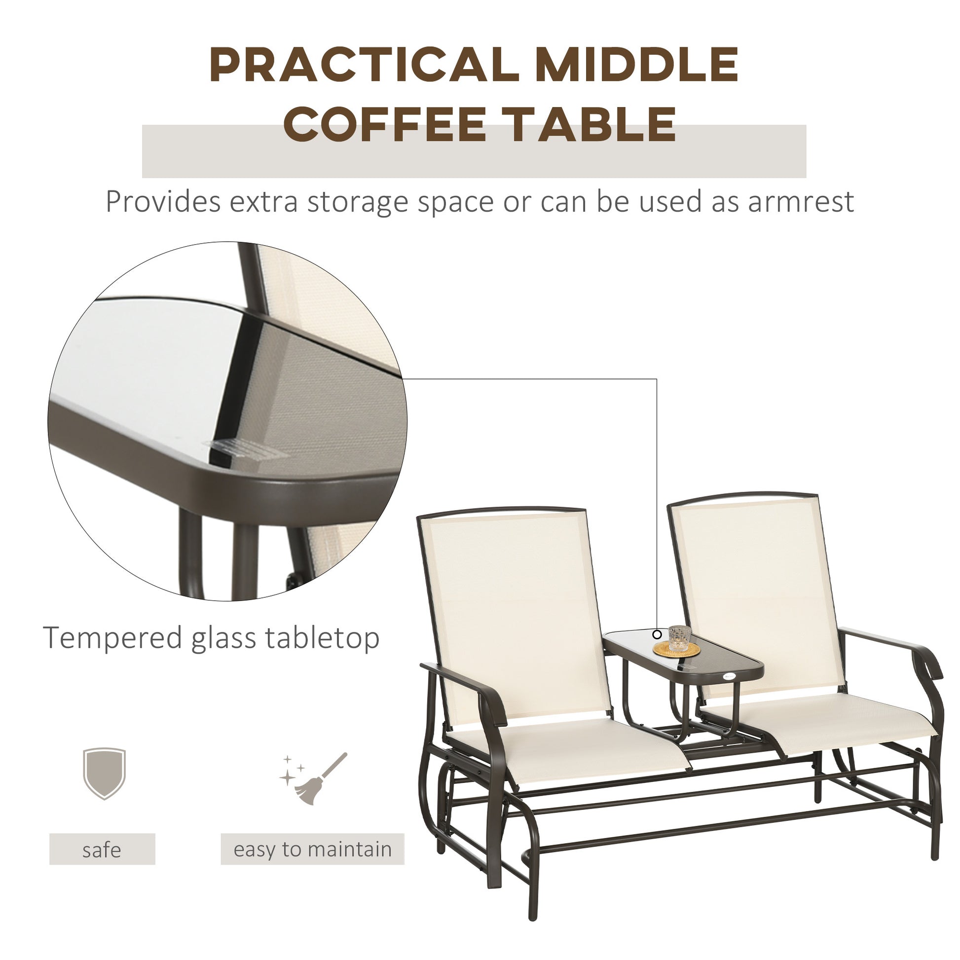 Outsunny Outdoor Glider Bench With Center Table, Metal Frame Patio Loveseat Withmesh Fabric And Armrests For Backyard Garden Porch, Beige Beige Steel