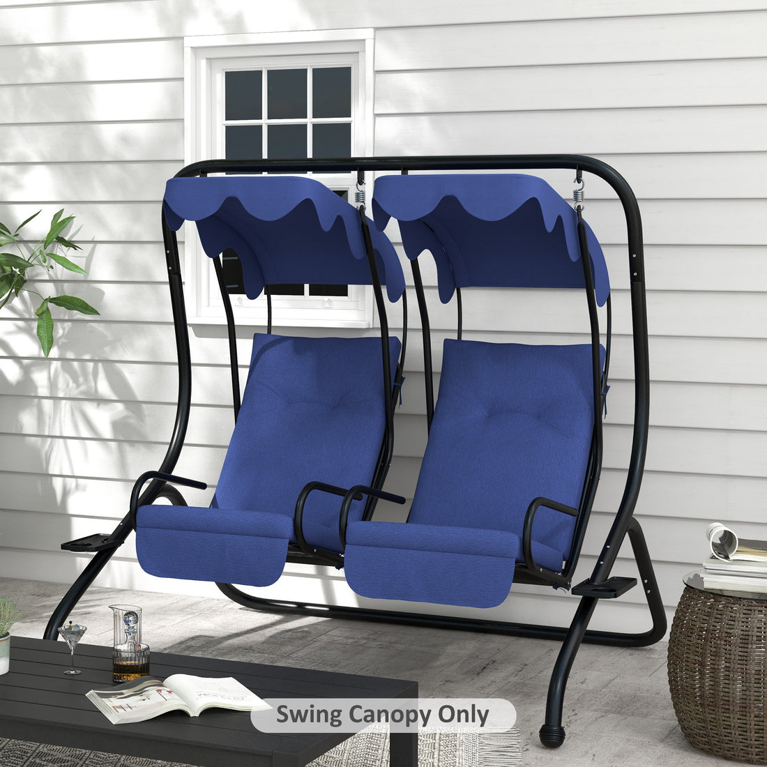 Outsunny 2 Seater Swing Canopy Replacement With Tubular Framework, Outdoor Swing Sunshade Top Cover Canopy Only , Dark Blue Dark Blue Polyester