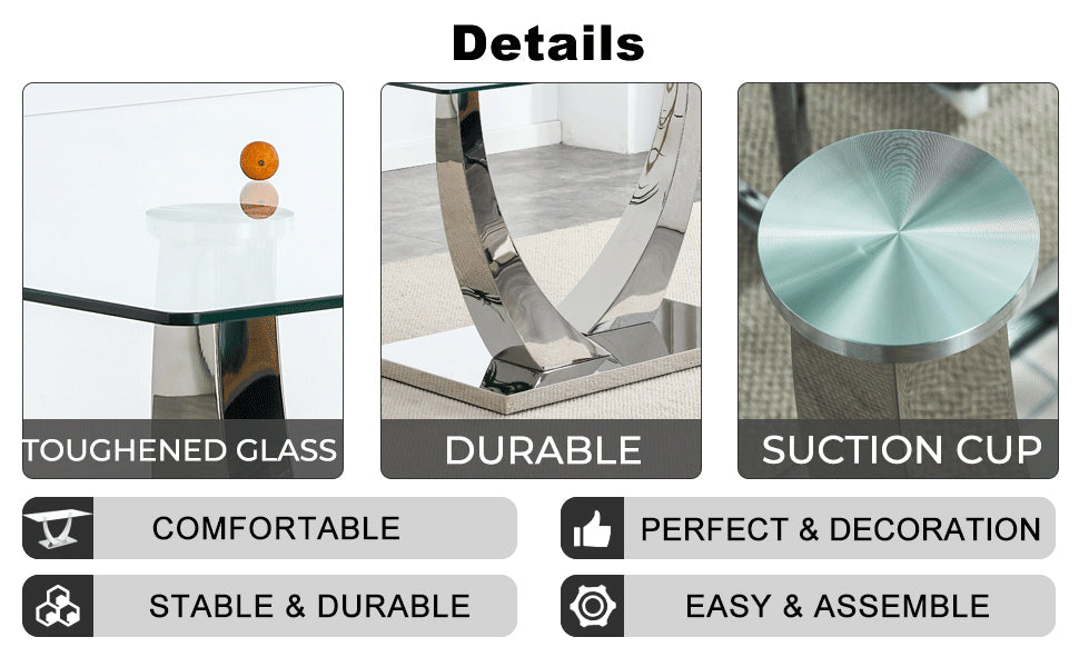 Table And Chair Set.Modern Dining Table,Tempered Glass Tabletop And Silver Colored Leg.Paired With 6 Soft And Comfortable High Quality White Pu Dining Chairs With Silver Legs. Silver,White Seats 6