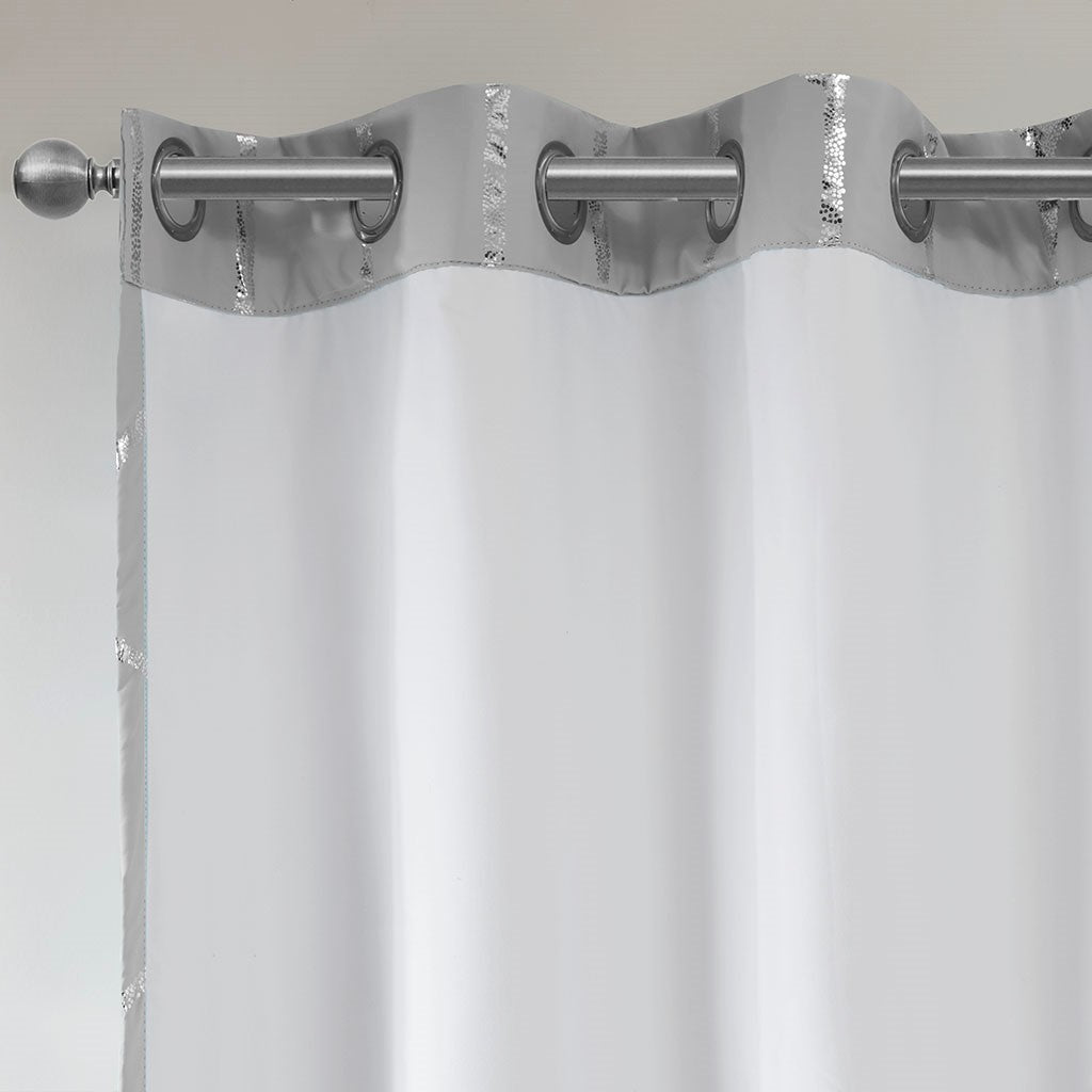 Total Blackout Metallic Print Grommet Top Curtain Panel Pair 2 Pcs Window Panels Grey Silver Microfiber