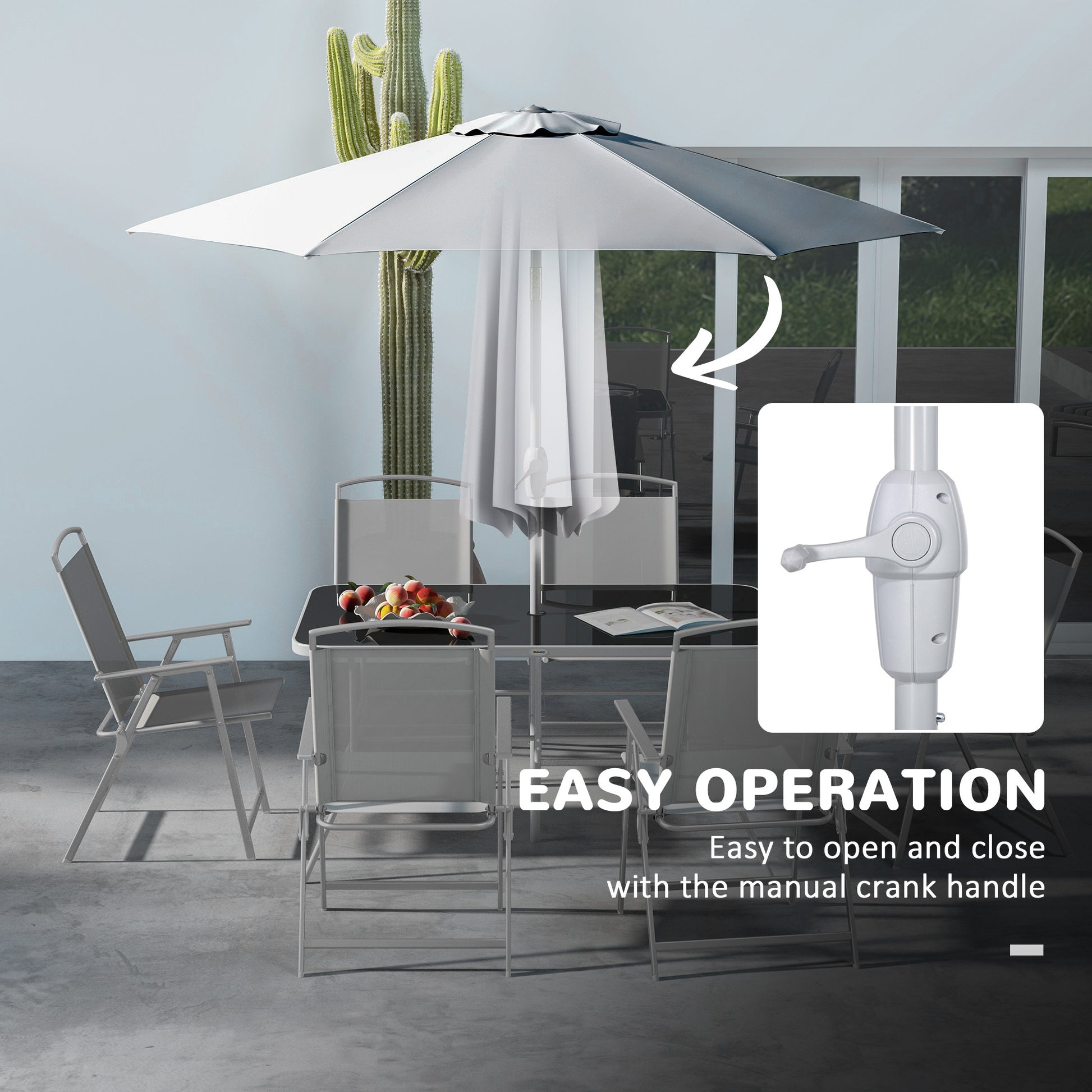 Outsunny 8 Piece Patio Dining Set With Table Umbrella, 6 Folding Chairs And Rectangle Dining Table, Outdoor Patio Furniture Set, Gray Grey Metal