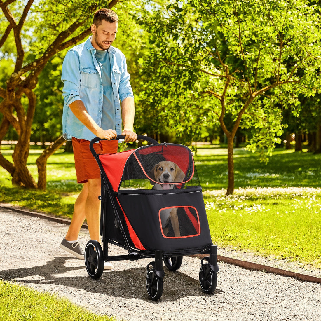 Pawhut One Click Foldable Doggy Stroller For Medium Large Dogs, Pet Stroller With Storage, Smooth Ride With Shock Absorption, Mesh Window, Safety Leash, Big Dog Walking Stroller, Red Red Steel