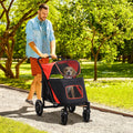 Pawhut One Click Foldable Doggy Stroller For Medium Large Dogs, Pet Stroller With Storage, Smooth Ride With Shock Absorption, Mesh Window, Safety Leash, Big Dog Walking Stroller, Red Red Steel