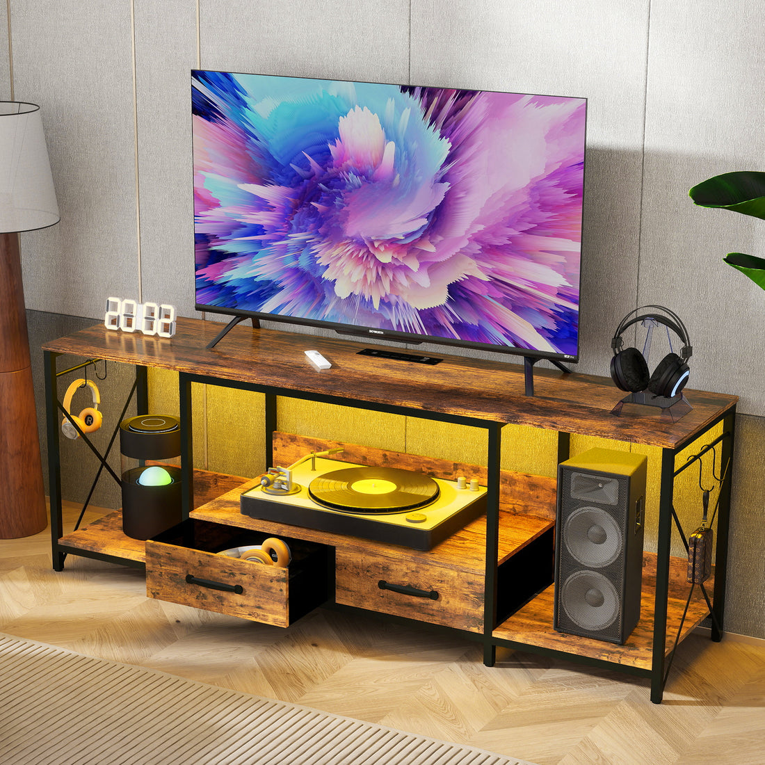Tv Stand With Led Lights Power Outlets Tv Stand With Fabric Drawers For 65 70 75 Inches Tv Entertainment Center And Industrial Tv Console Table With Open Storage Shelves For Living Room, Bedroom
