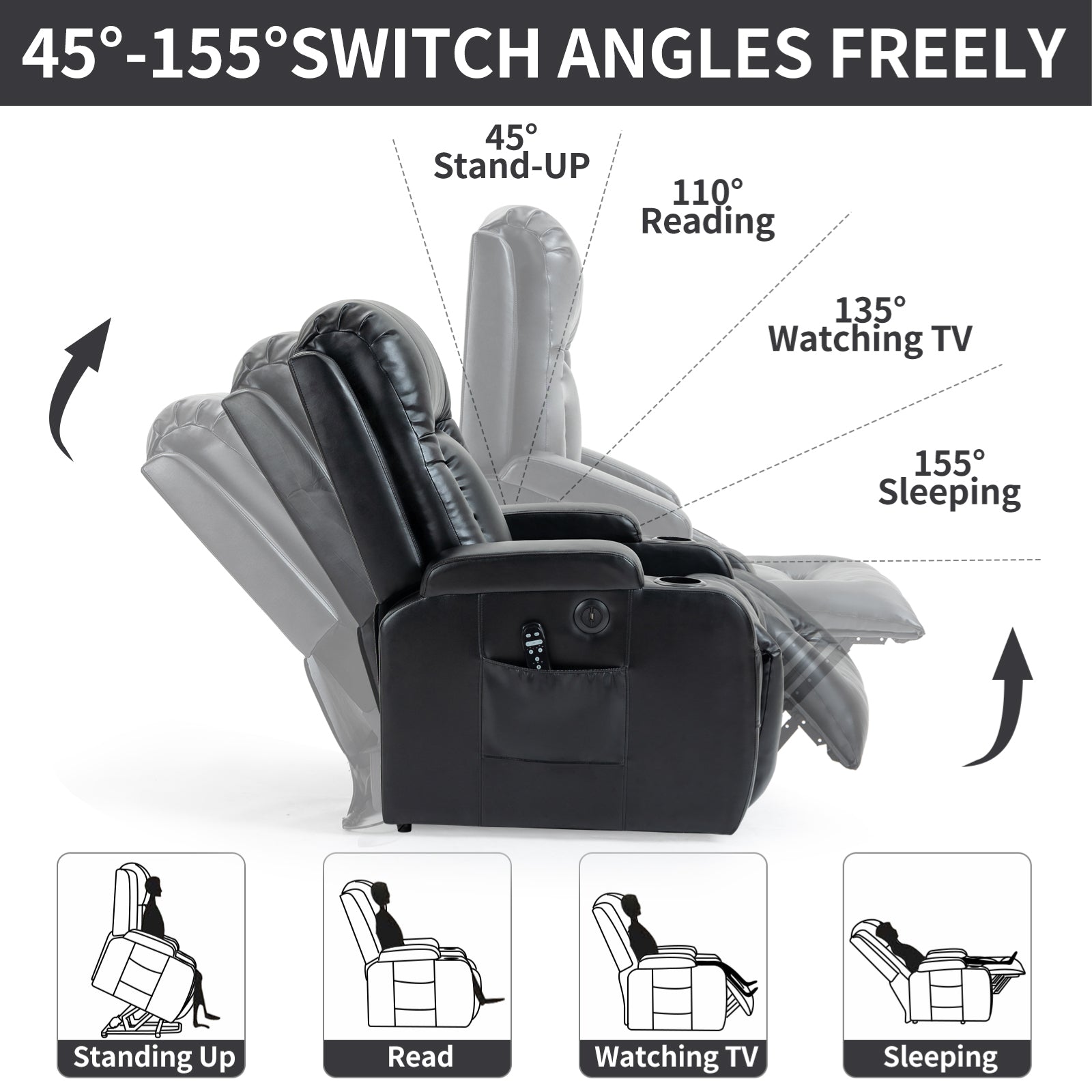 Infinite Position Up To 350 Lbs Power Lift Recliner Chair For Elderly, Heavy Duty Motion Mechanism With 8 Point Vibration Massage And Lumbar Heating, Usb Charging Port, Cup Holders, Black White Metal Primary Living Space Heavy Duty Pine Black Faux