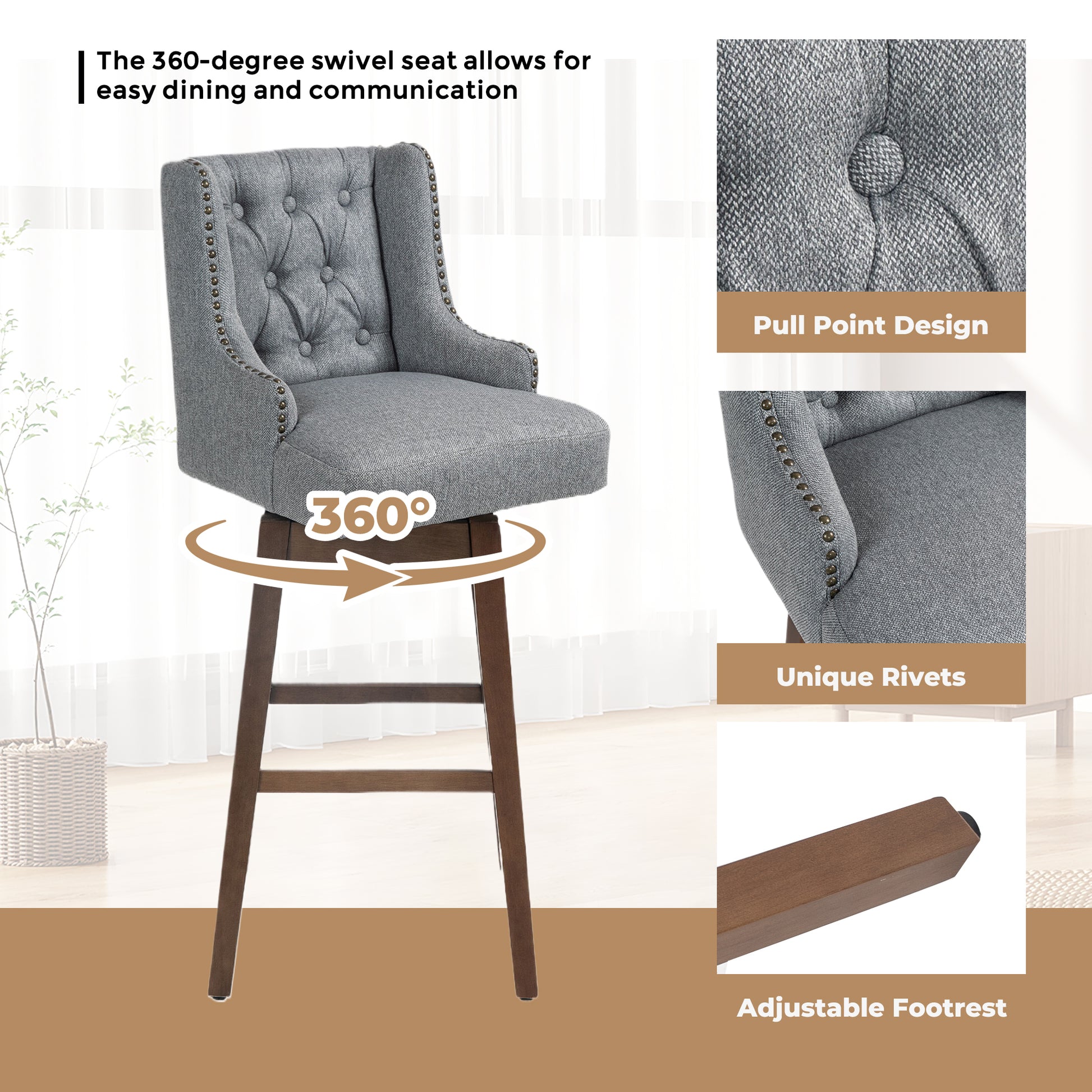 Coolmore Bar Stools Set Of 2 Counter Height Chairs With Footrest For Kitchen, Dining Room And 360 Degree Solid Wood Legs Swivel Bar Stools Set Of 2 Gary Linen Gray Foam Linen