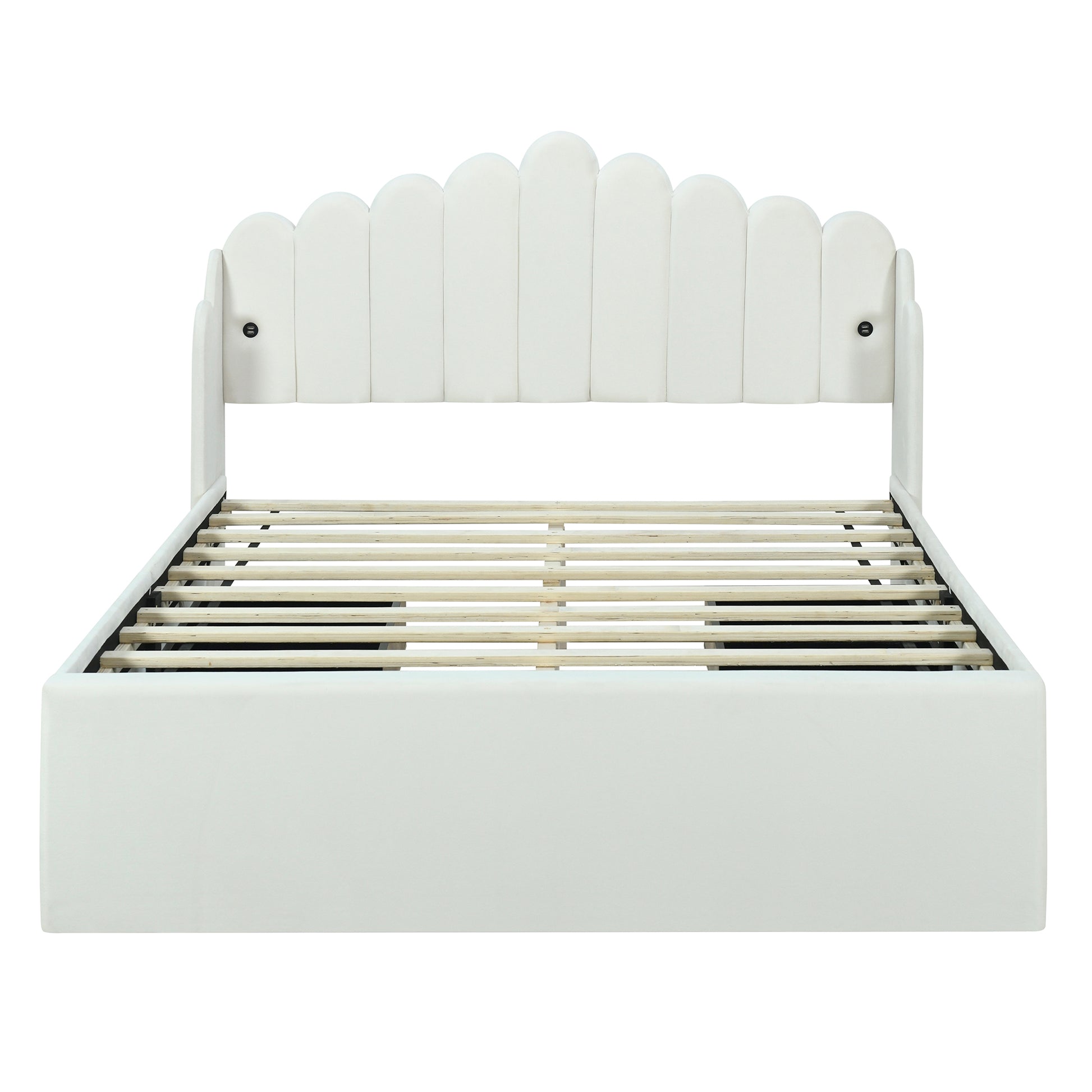 Full Size Upholstered Platform Bed With 4 Drawers And 2 Usb, Beige Box Spring Not Required Full Beige Wood Bedroom Bed Frame Polyester Upholstered