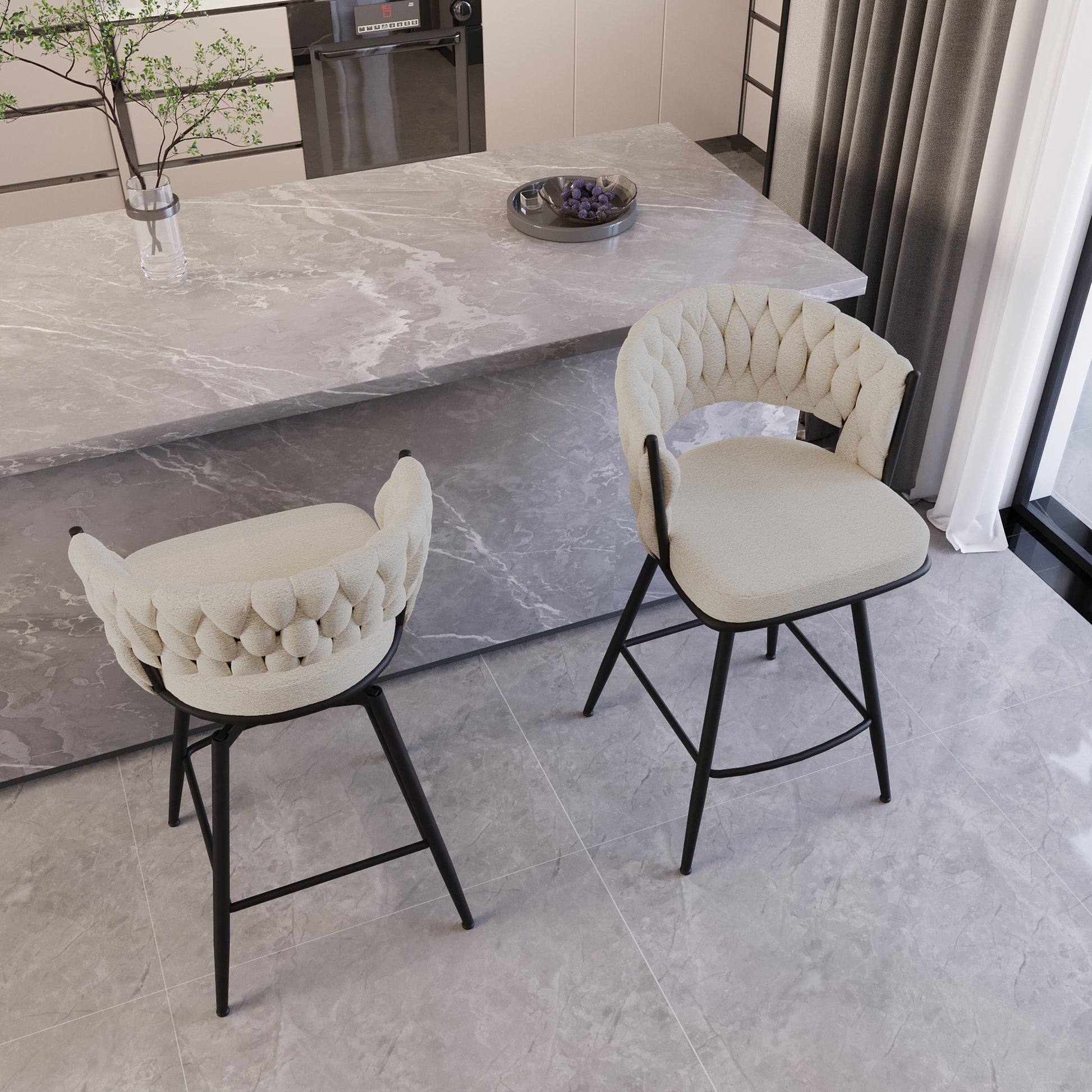 Bar Chair Toweling Woven Bar Stool Set Of 2, Black Legs Barstools No Adjustable Kitchen Island Chairs,360 Swivel Bar Stools Upholstered Counter Stool Arm Chairs With Back Footrest, White White Foam Linen