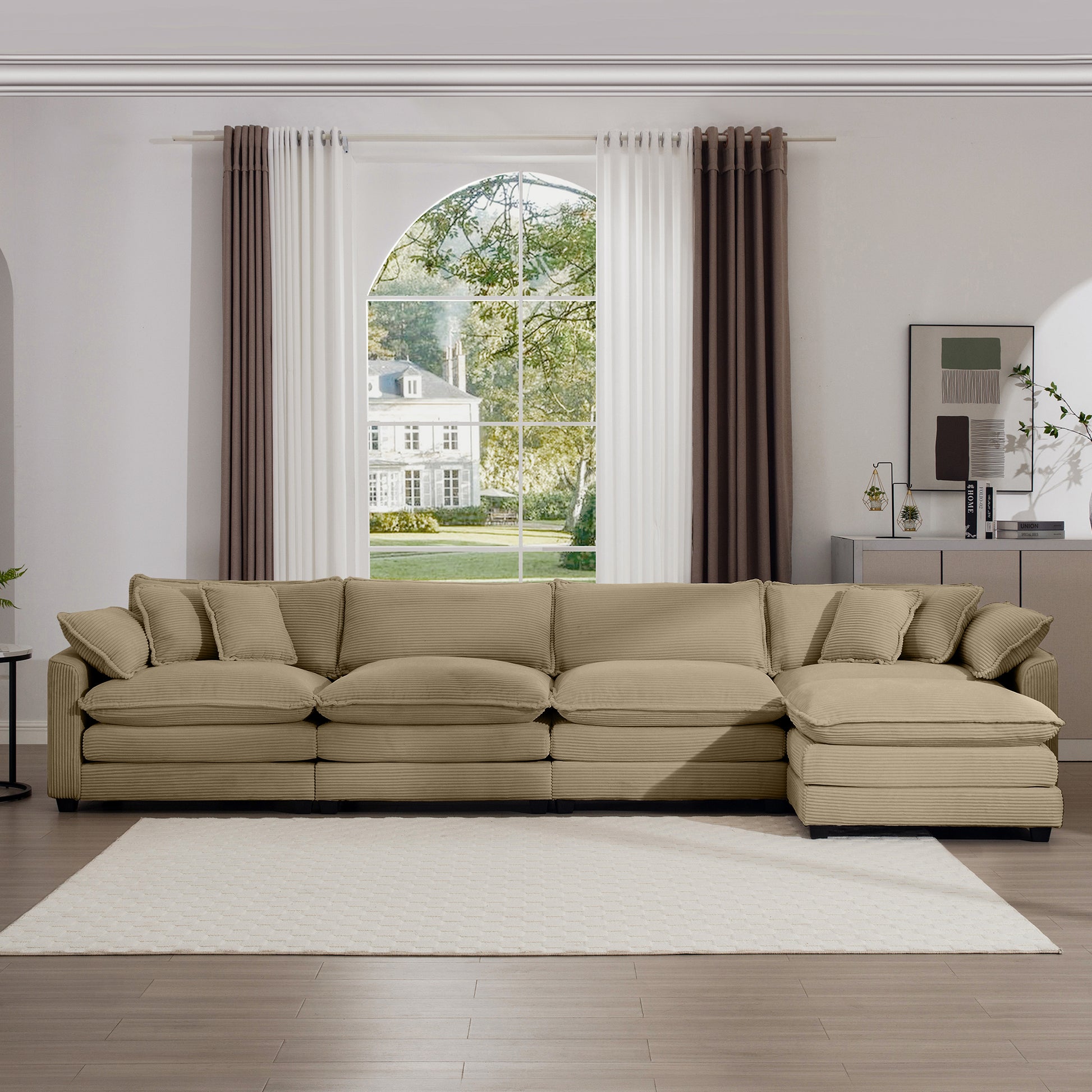 Corduroy Sofa Modern Upholstered 4 Seater With With 1 Footstool Corduroy Fabric Sofaoffice Living Room Apartment Comfort Sofa, Easy To Assemble With 2 Arm Pillows And 4 Throw Pillows Tan Corduroy 4 Seat