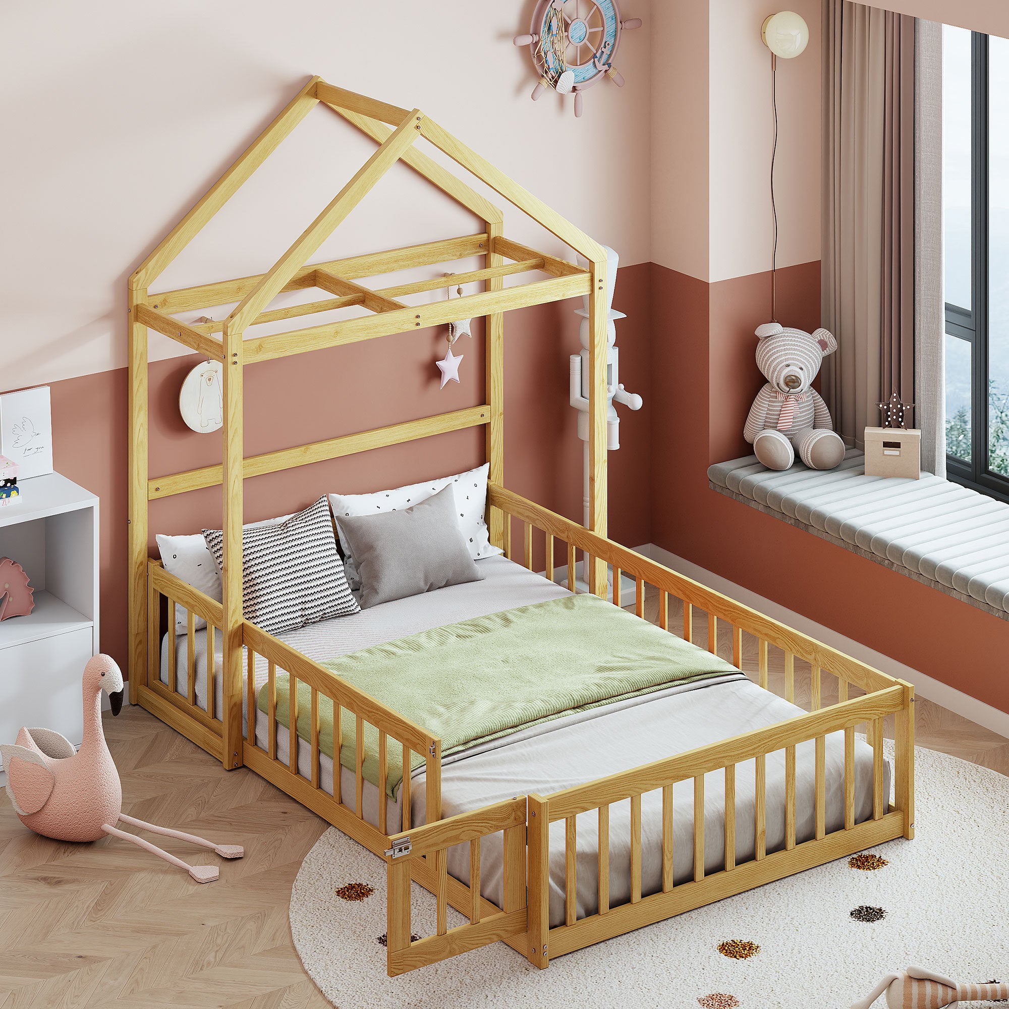 Wooden Floor Bed With Fence Railings And Detachable House Shape Headboard,Full Size Bed With Kids Dress Up Rack, Kids Montessori Style Playhouse Frame For Girls Boys, Natural Full Natural Wood