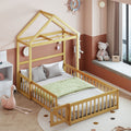 Wooden Floor Bed With Fence Railings And Detachable House Shape Headboard,Full Size Bed With Kids Dress Up Rack, Kids Montessori Style Playhouse Frame For Girls Boys, Natural Full Natural Wood