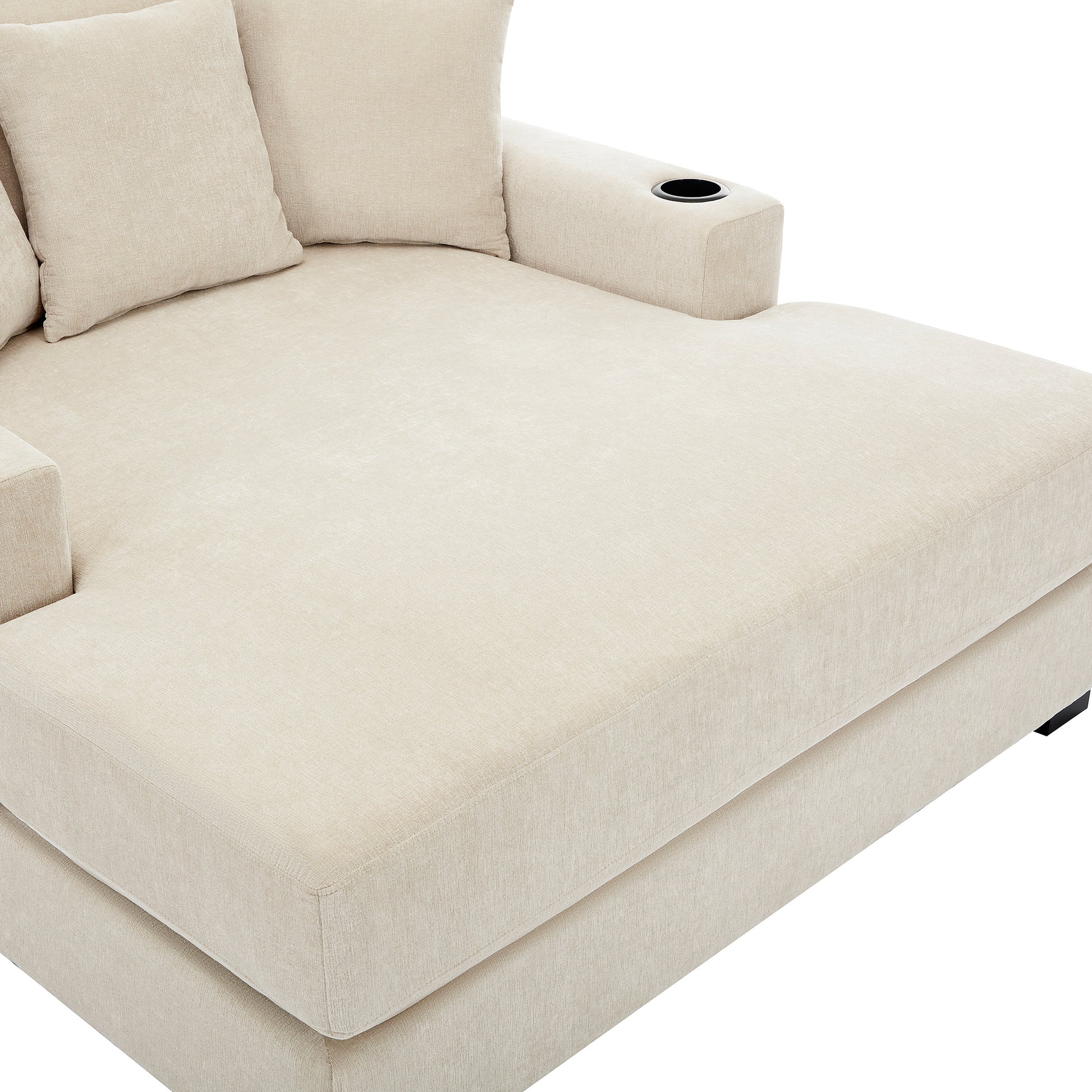 55" Oversized Chaise Lounger Modern Style Sofa Couch ,With Pillows, Charge Station & Cup Holders, Chenille Fabric, Cream Cream Chenille