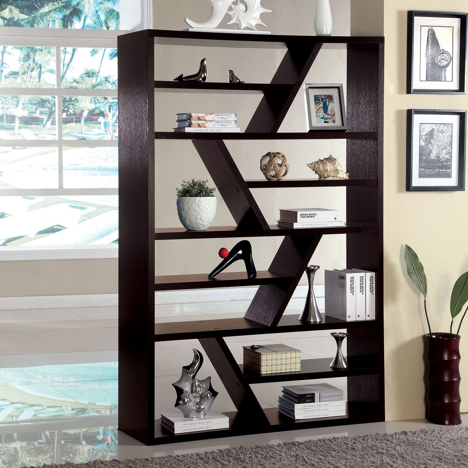 Gorgeous Contemporary Espresso Finish 1Pc Display Shelf Solid Wood Storage Books Zig Zag Shelf Separation Melamine Coating Espresso Primary Living Space Open Back Contemporary,Modern,Rustic,Transitional Solid Wood