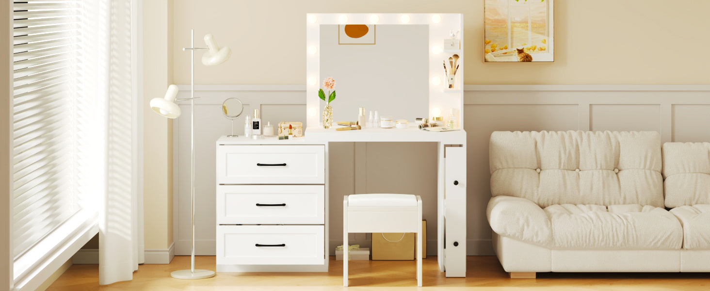 55.2" Vanity Desk With Freely Adjustable Side Cabinet, Makeup Vanity With Hollywood Lights, 5 Storage Drawers & 2 Shelves, Modern Dressing Table, White White Mdf,Tempered Glass