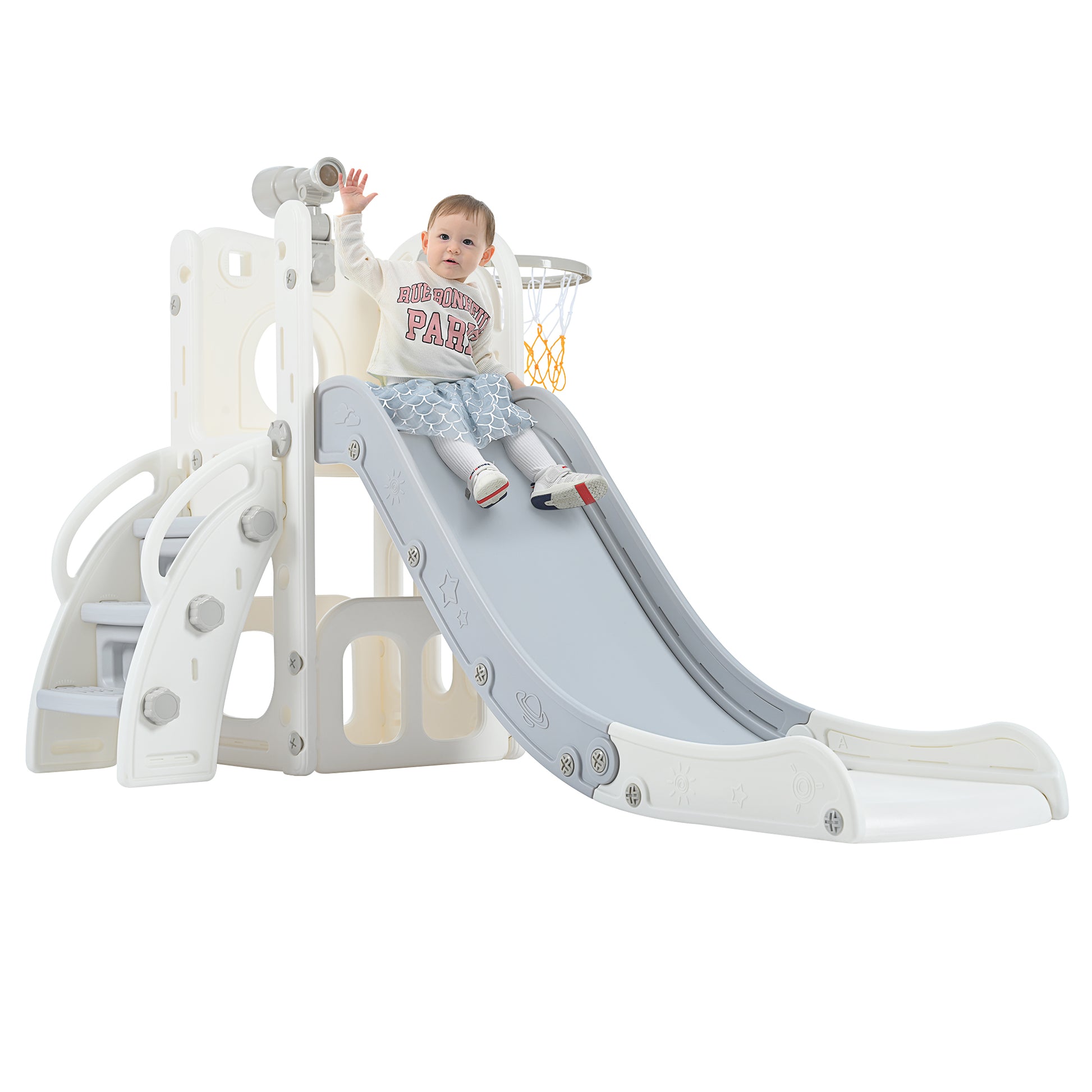 5 1 Toddler Slide Set, Freestanding Space Set With Slide, Kids Slide Playset Structure, Telescope And Basketball Hoop, Toy Storage Space, Kids Climbers Playground Grey White 50 99 Lbs Cute 1 To 2 Years Hdpe Indoor & Outdoor Use