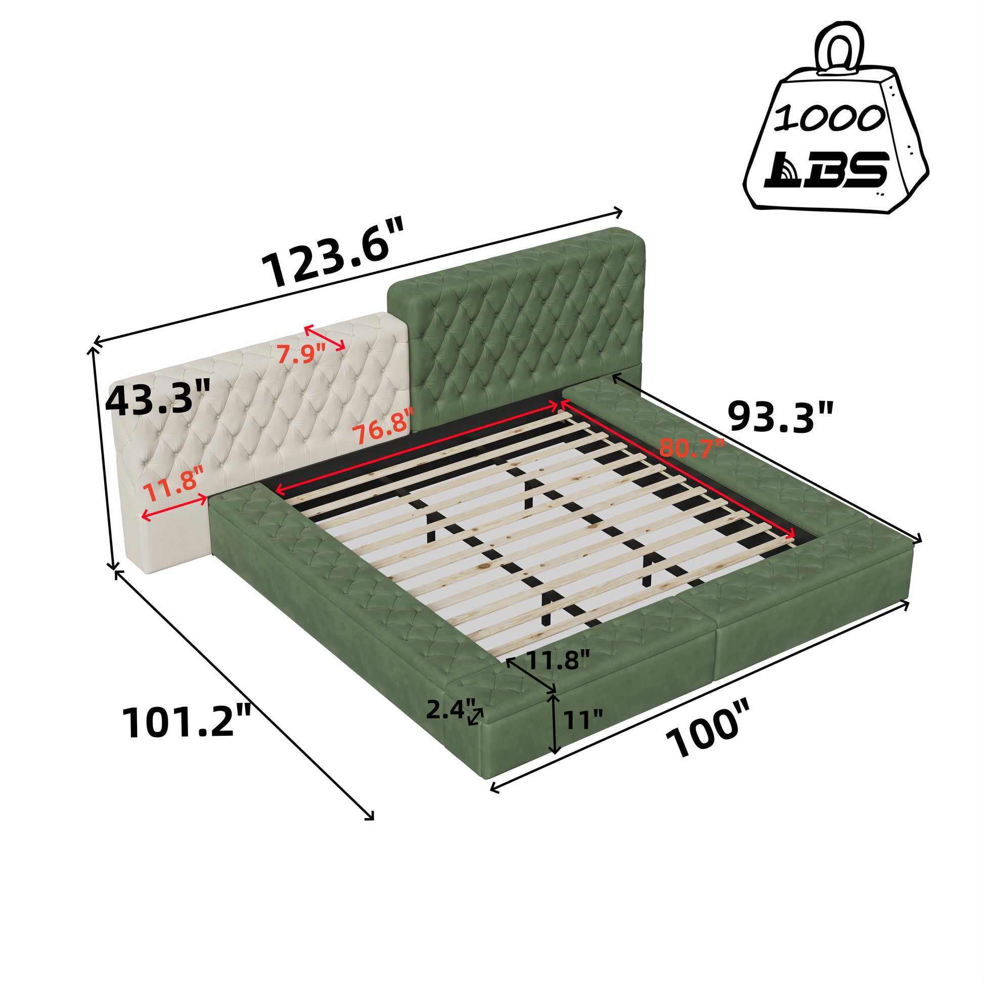 Contemporary Special Shaped Fully Upholstered Bed With Deep Button Tufting And Storage Compartments In Rails And Footboard,No Box Spring Needed,King,Green Box Spring Not Required King Green Solid Wood