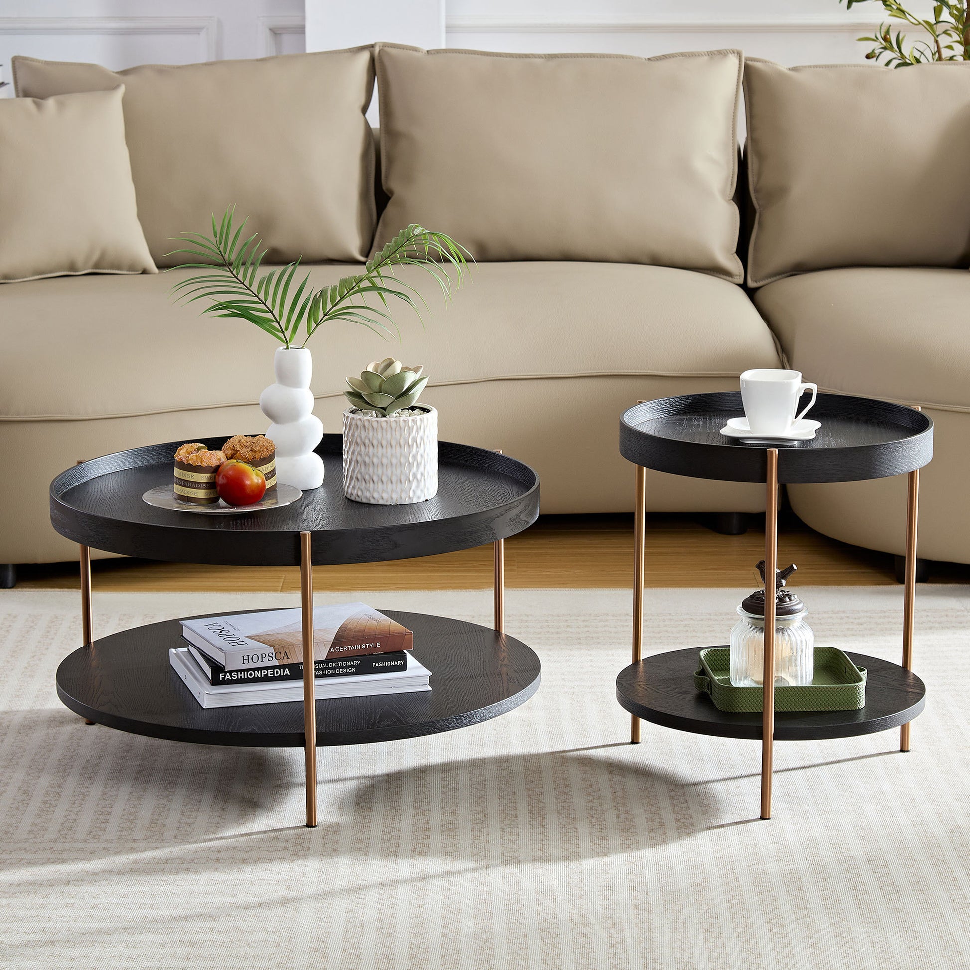 2 Piece Modern 2 Tier Round Coffee Table Set For Living Room,Easy Assembly Nesting Coffee Tables, End Side Tables For Bedroom Office Balcony Yard,Black Mdf Matt Black Mdf Metal
