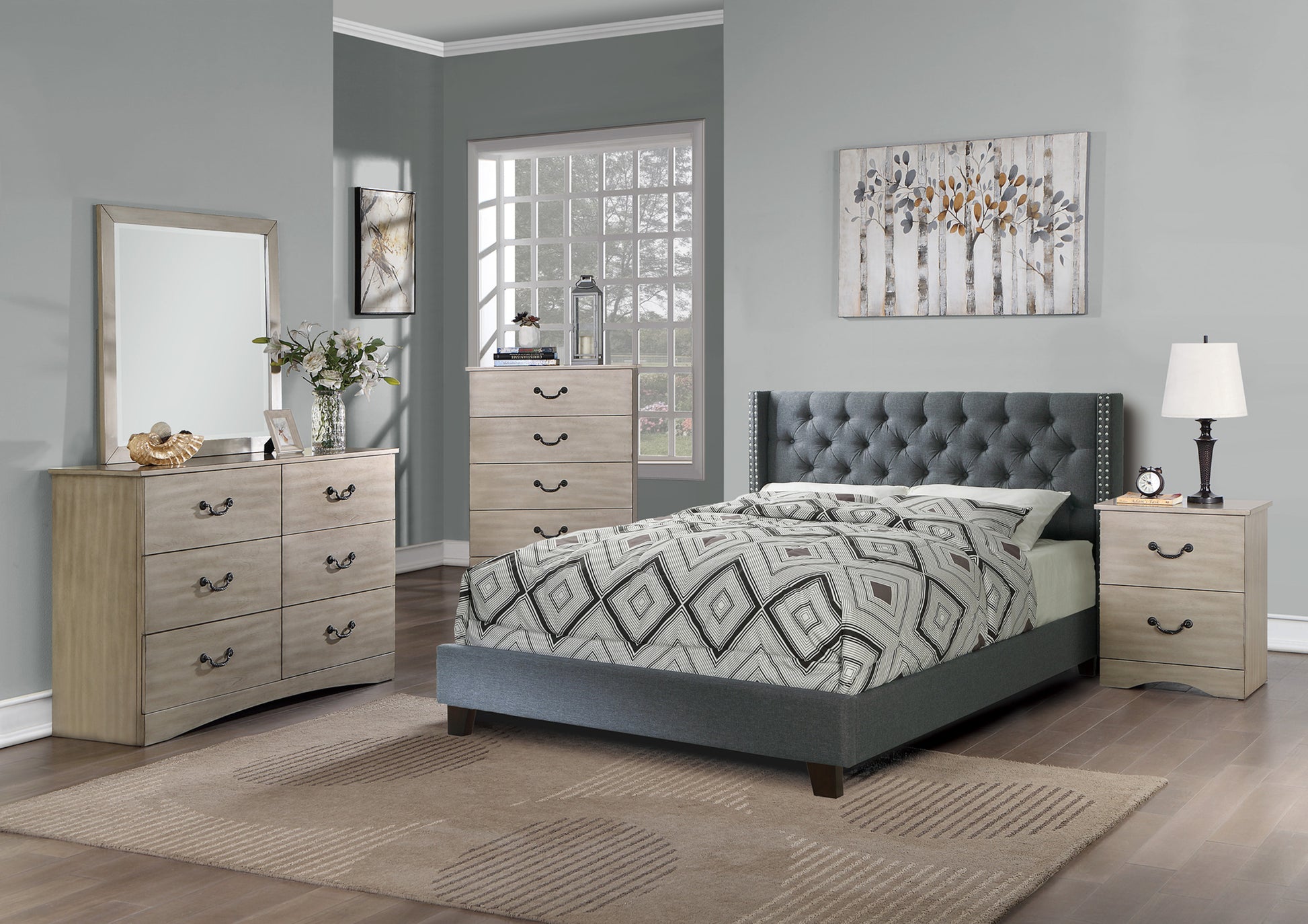 Queen Bed In Blue Gray Queen Gray Fabric