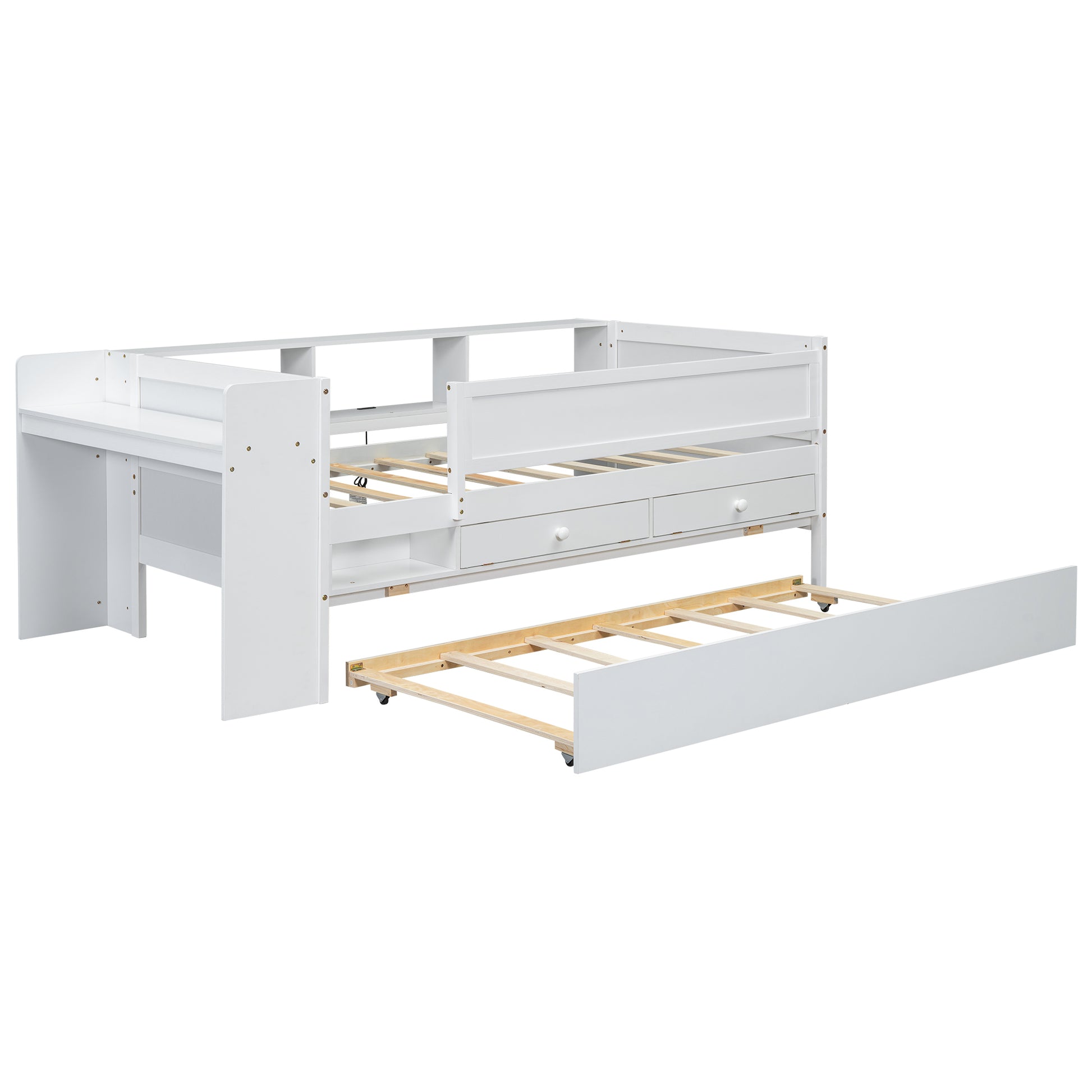Multi Functional Twin Daybed With Drawers And Trundle, Headboard Storage And Tables, Usb Charging Station, White Box Spring Not Required Twin White Wood Daybeds Pine