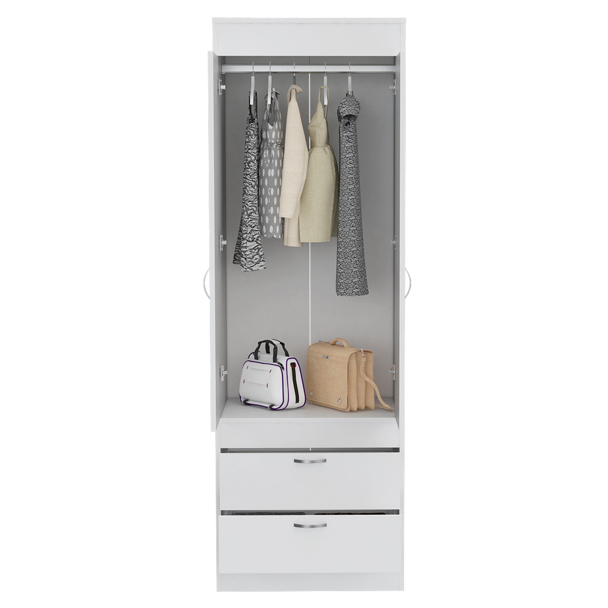 Lisboa Armoire, Rod, Double Door, Two Drawers, Metal Handles White White Bedroom Modern Particle Board Particle Board