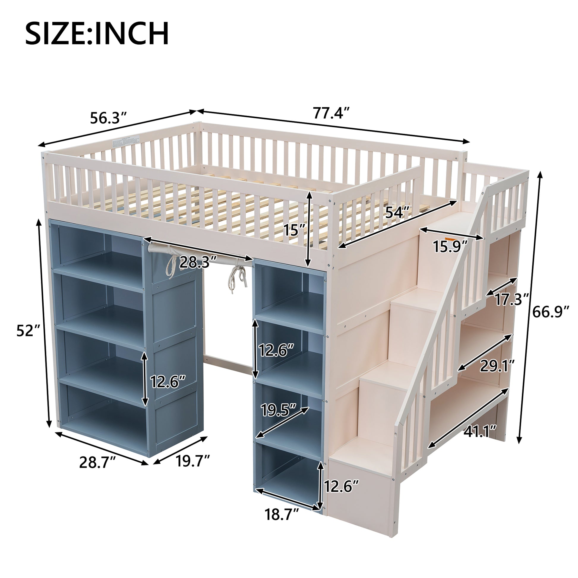 Full Size Loft Bed With 2 Four Layer Storage Cabinets And Curtain,White Blue White Solid Wood Mdf