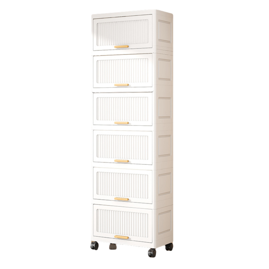 15.75" Side Wide 6 Layers Flip Open Storage Box With Wheels, Movable Storage Cabinet, Kitchen Shelf, Movable Storage Island, Home Organization, Wardrobe Storage Box White Plastic