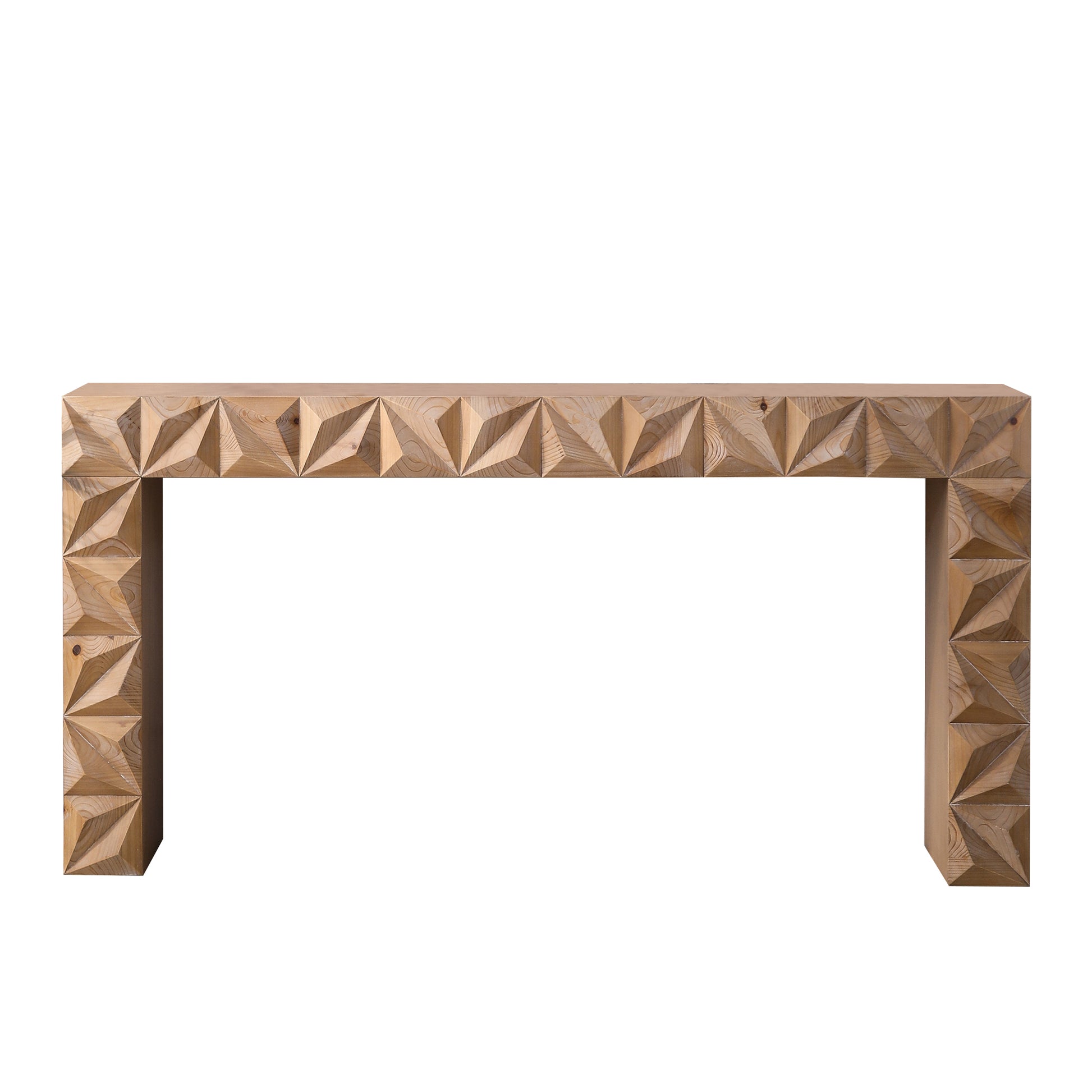 Modern Geometric Wooden Console Table Natural Wood Finish With Handcrafted 3D Design Antique Natural,Natural,Natural & Light Brown,Natural Wood,Natural Wood Wash Nature Distressed Finish Primary Living Space Powder Coated Rectangular Wood