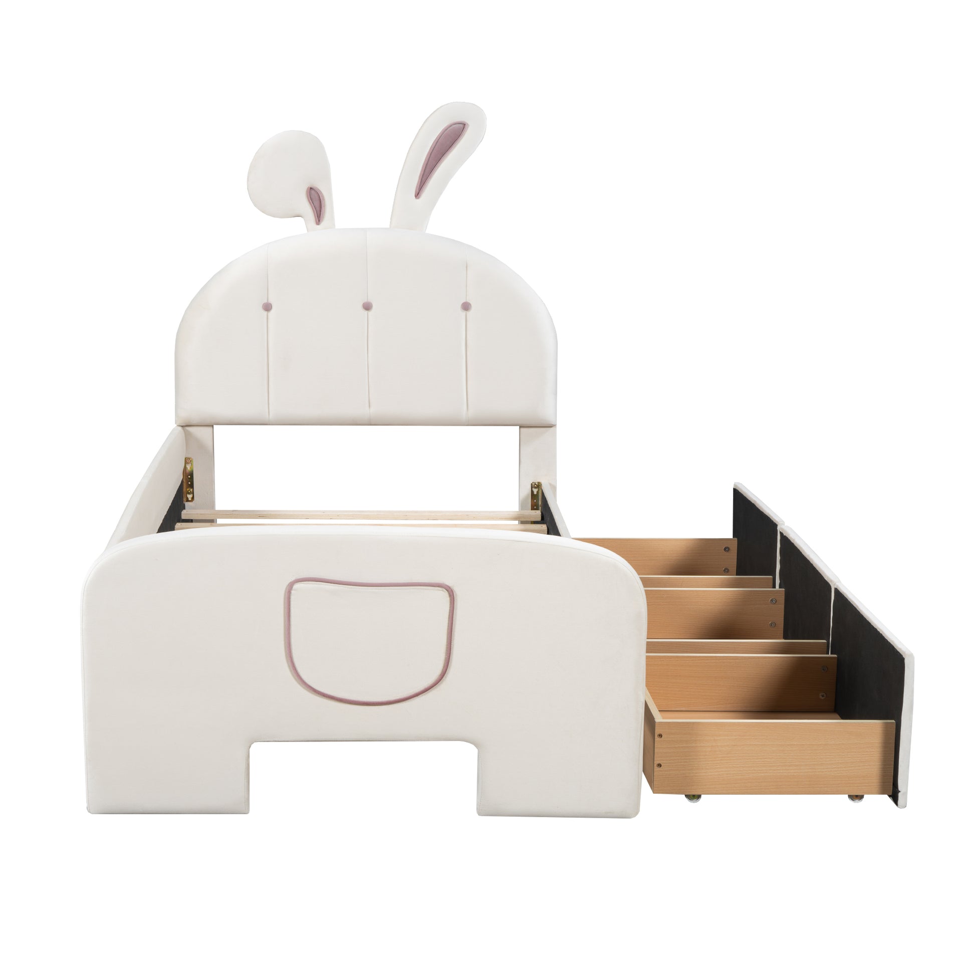 Twin Size Velvet Platform Bed With Rabbit Shaped Headboard, With Drawers, With Bed End Storage Pocket, Beige Twin Beige Plywood