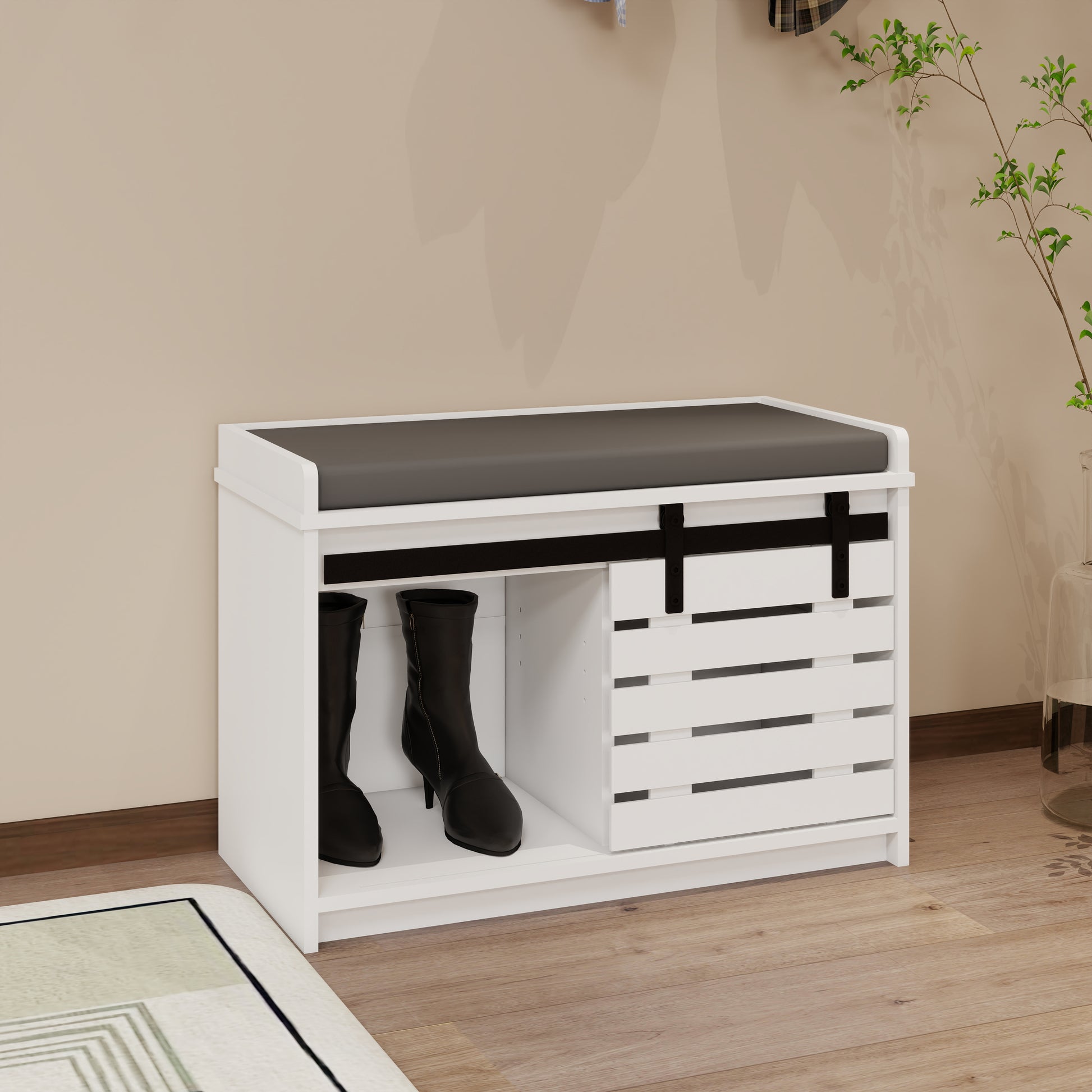 Modern Shoe Storage Bench, 2 Tier Entryway Bench With Sliding Barn Door & 2 Adjustable Shelves & Full Soft Removable Seat Cushion For Entryway, Hallway, Bedroom White White Mdf