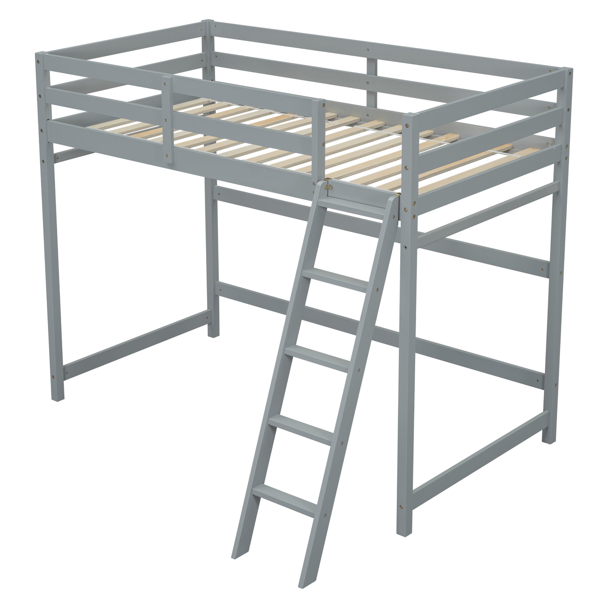 Twin Size High Loft Bed With Inclined Ladder, Guardrails,Grey Twin Grey American Design Pine