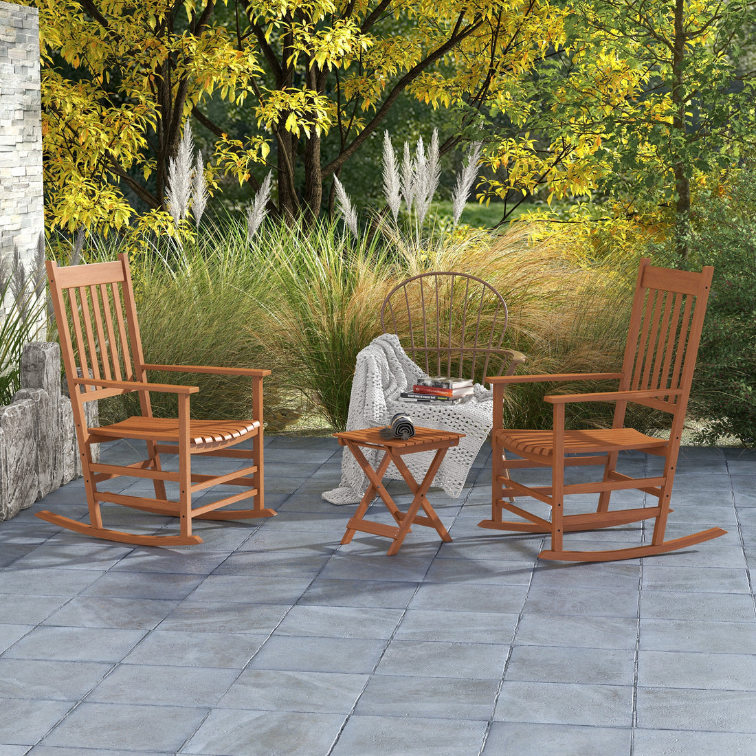 Outsunny Outdoor Rocking Chair Set Of 2 With Side Table, Patio Wooden Rocking Chair With Smooth Armrests, High Back For Garden, Balcony, Porch, Supports Up To 352 Lbs., Teak Natural Wood