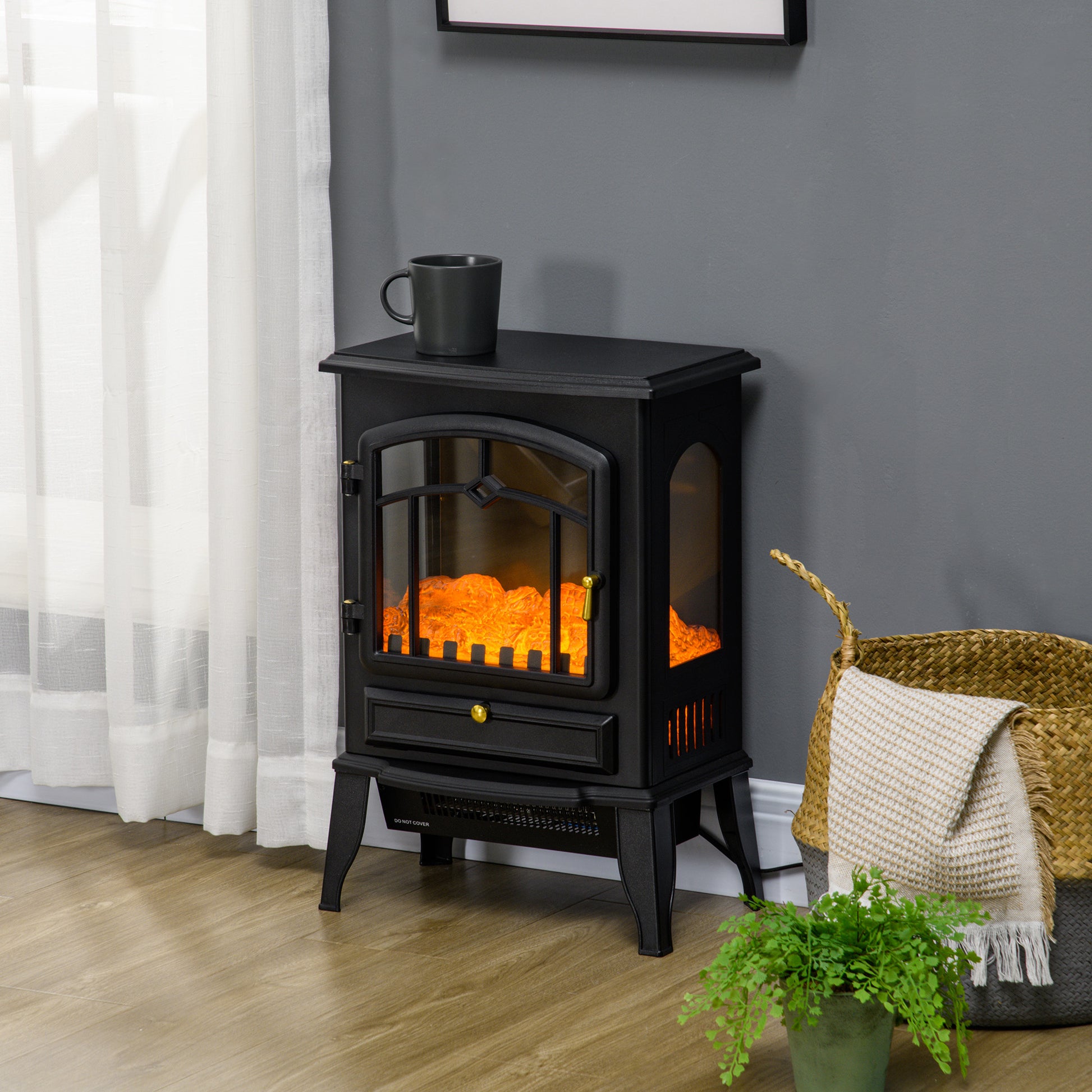 Homcom Electric Fireplace Stove, 22" Freestanding Fireplace Heater With 3 Sided Realistic Flame, Overheating Protection, Adjustable Temperature, Portable, 750W 1500W, Black Black Abs