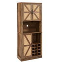 76 Inch Tall Rustic Oak Color Farmhouse Kitchen Faux Rattan Wine Cabinet, Kitchen Bar Cabinet With Square Compartmentslarge Wooden Faux Rattan Storage Cabinet With Barn Doors And Microwave Shelves Oak Particle Board Mdf