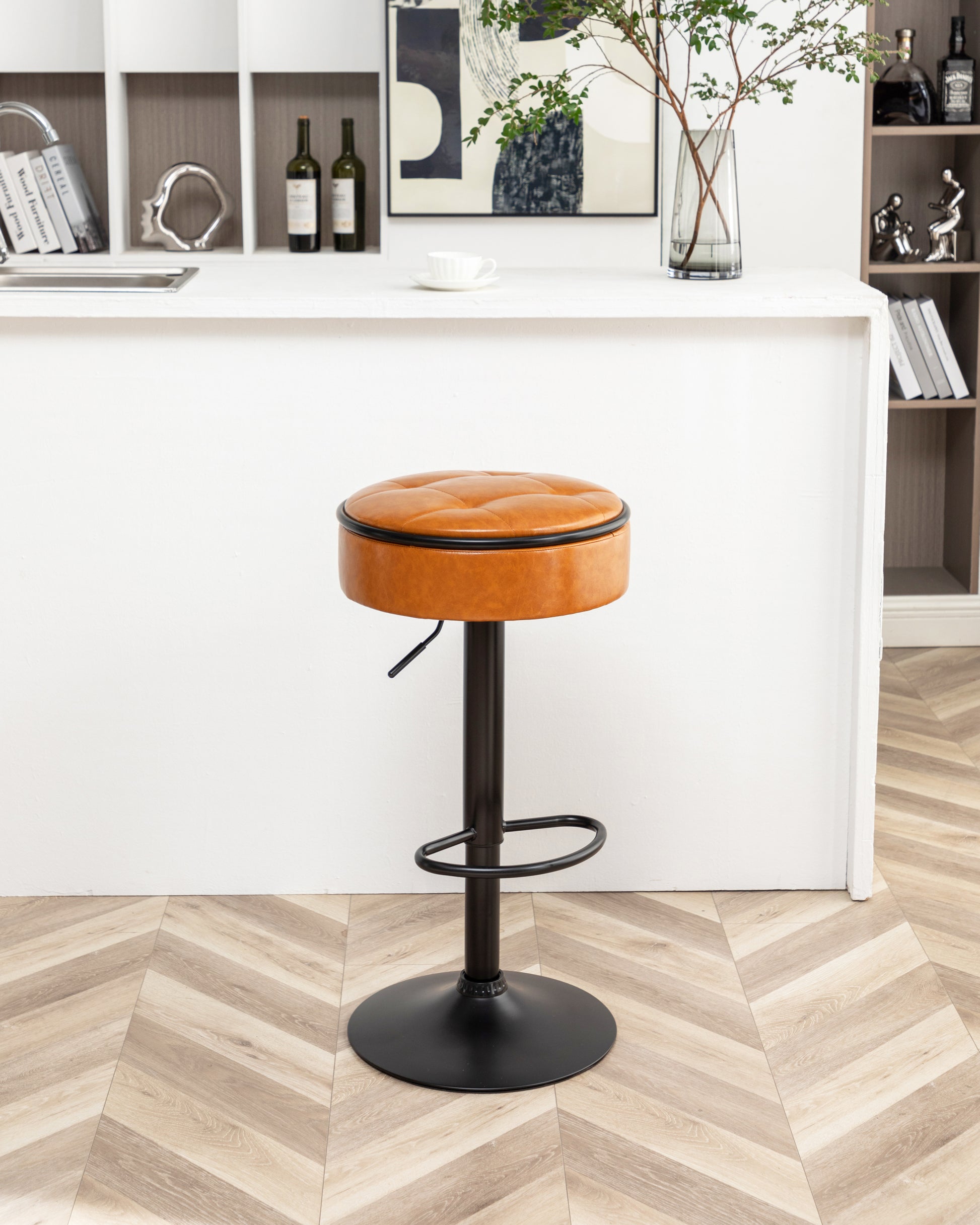 Round Storage Bar Stool Set Of 2, Brown Faux Leather Height Adjustable Barstool, 360 Counter Height Swivel Stool, Armless Bar Chair With Metal Frame For Kitchen Counter Dining Living Room Brown Set Of 2 Foam Pu Leather