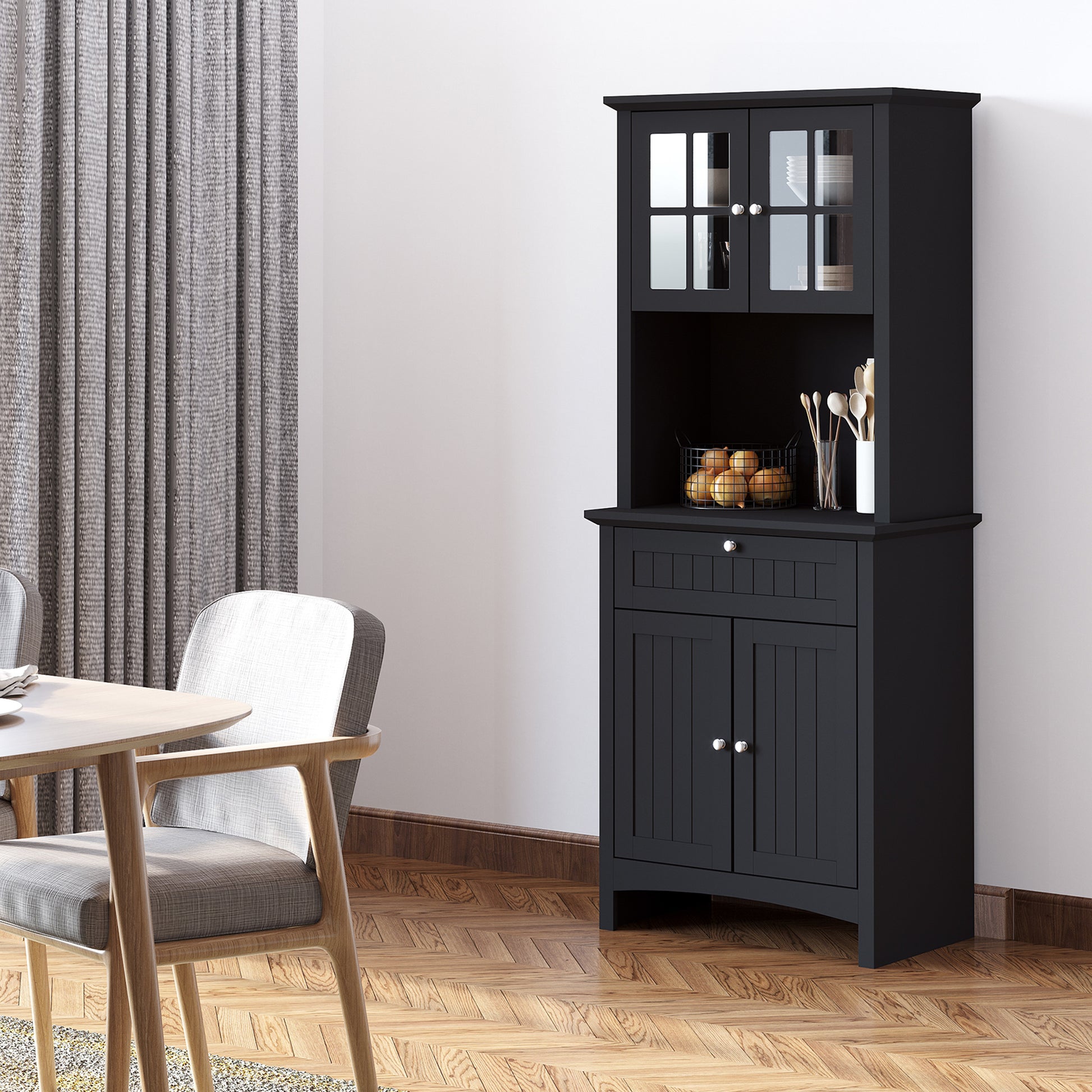 Homcom Elegant Buffet With Hutch, Kitchen Pantry Storage Cabinet With Framed Glass Door Drawer And Microwave Space, Black Black Mdf