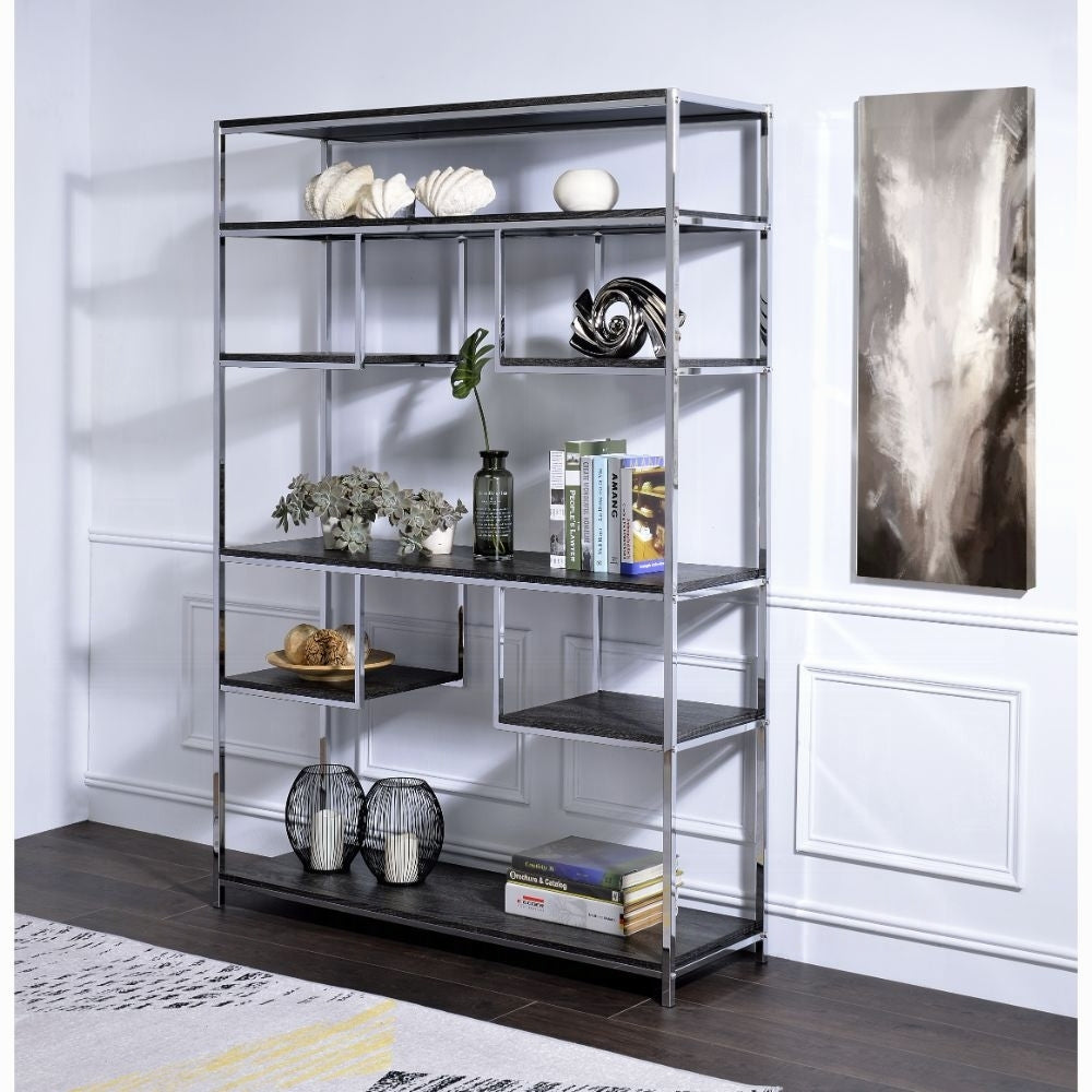 Rustic Grey Oak And Chrome 8 Shelf Bookshelf 7 Grey,Rustic Etagere Horizontal Primary Living Space Open Back Wood Oak Adjustable Shelves Wood Metal