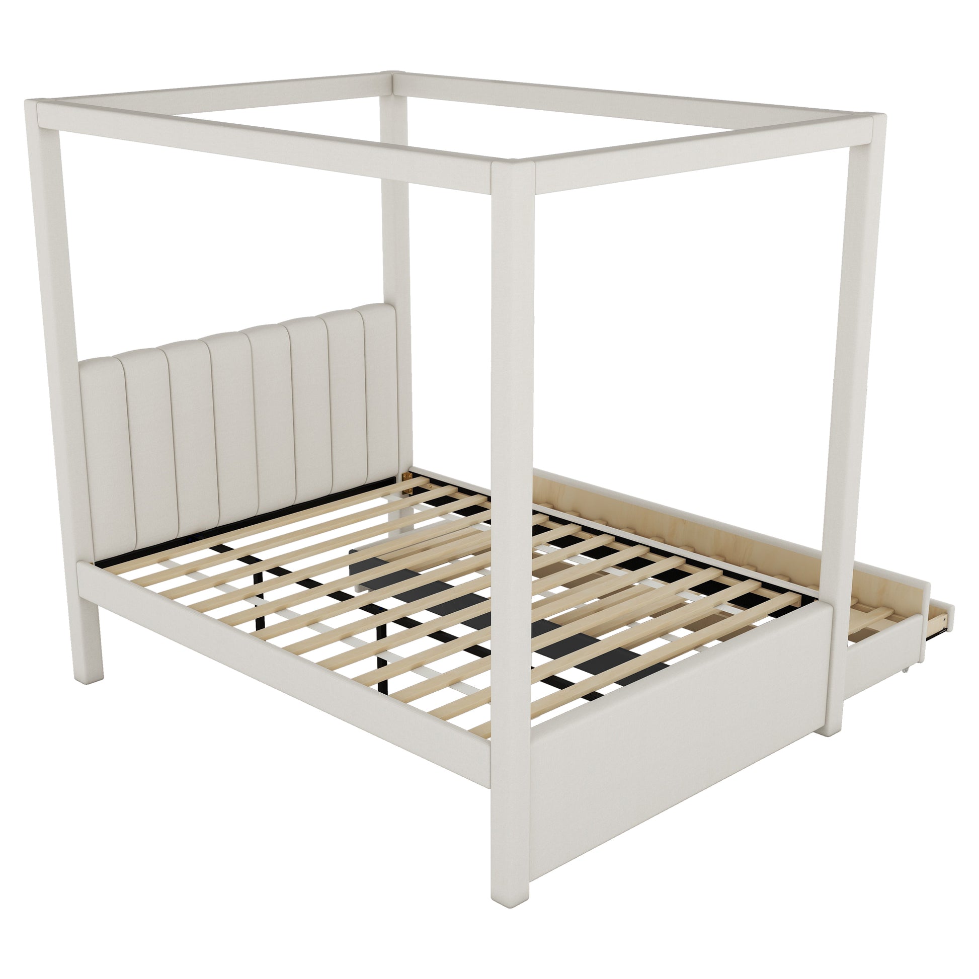 Full Size Upholstery Canopy Platform Bed With Trundle And Three Storage Drawers, Beige Full Beige Upholstered