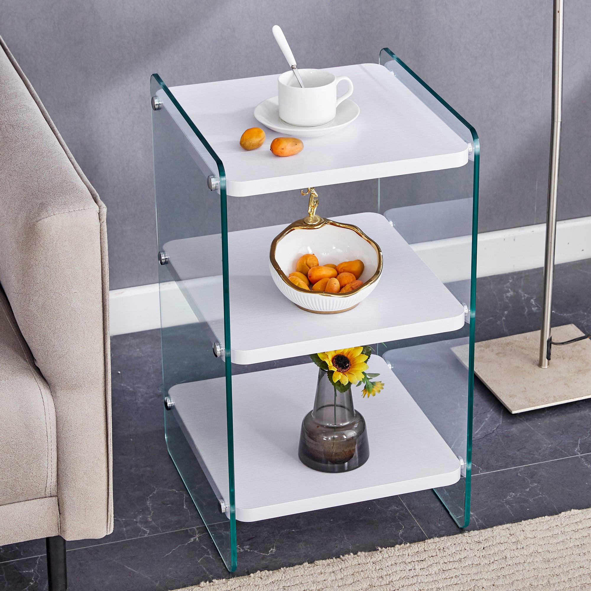 Three Levels Of Bedside Tables. The Board Surface Is Mdf, With White Stickers, And Both Sides Are Transparent Tempered Glass. The Design Is Simple And Generous, With Storage Function. White Mdf Glass