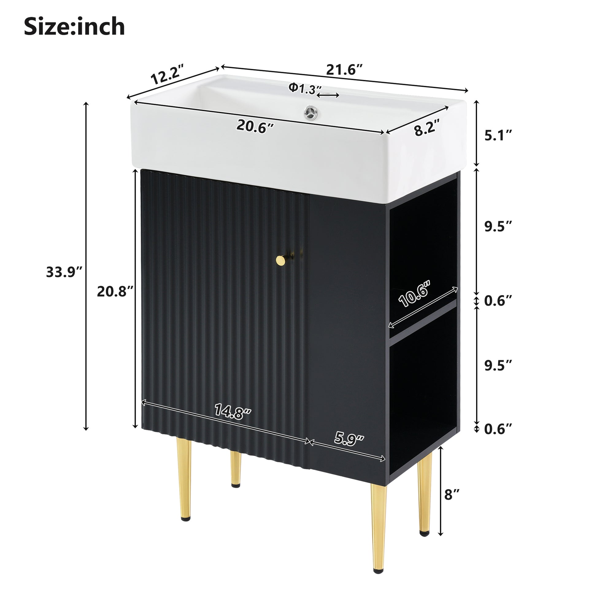 21.6" Black Bathroom Vanity, Combo Cabinet, Bathroom Storage Cabinet, Single Ceramic Sink, Right Side Storage Black Bathroom Ceramic Mdf