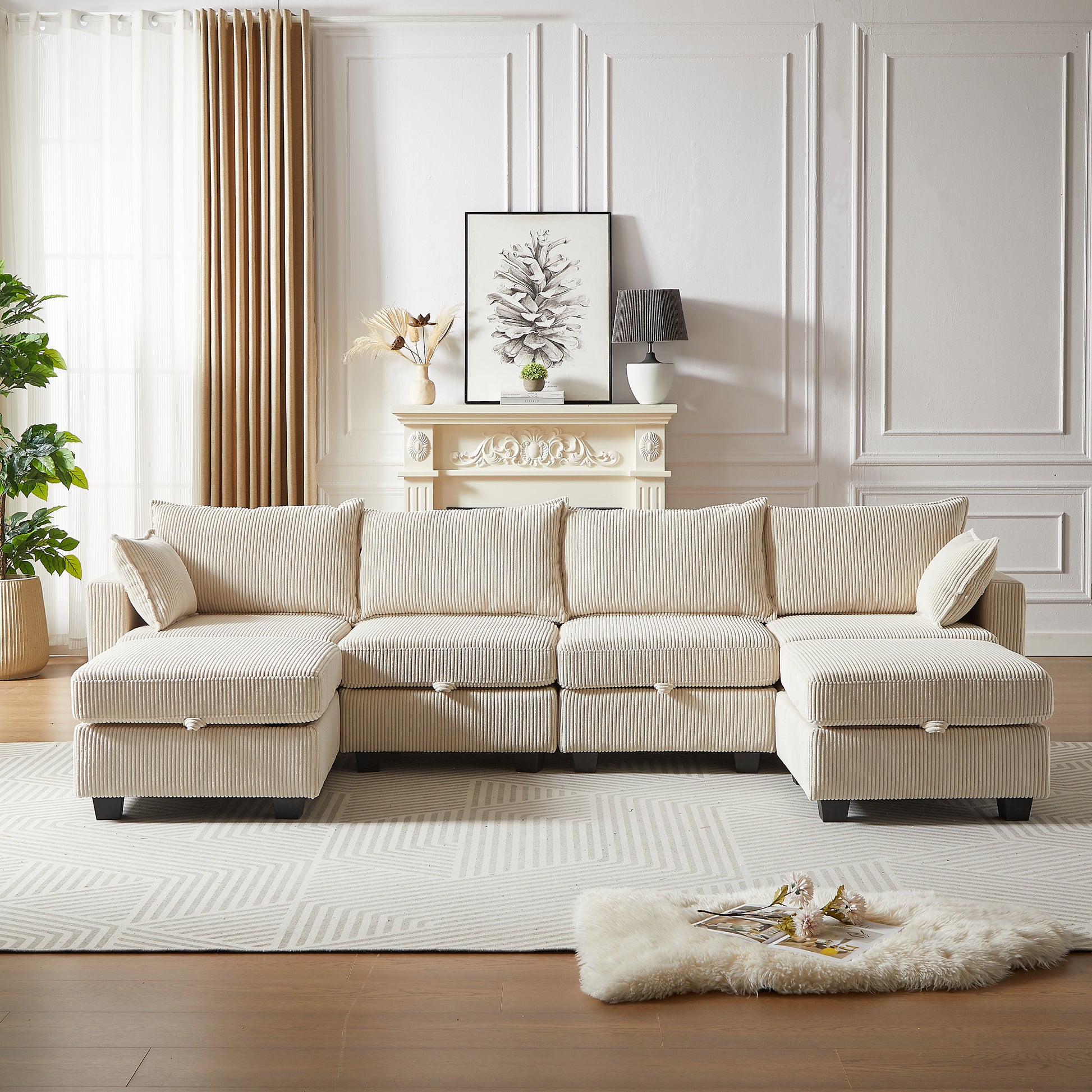 113.5'' Modular Sectiona Corduroy Sofa, Sectional Couches For Living Room U Shaped Sectional Couch With Storage Ottoman, 6 Seats Convertible Sectionals With Chaise Beige Corduroy 3 Seat