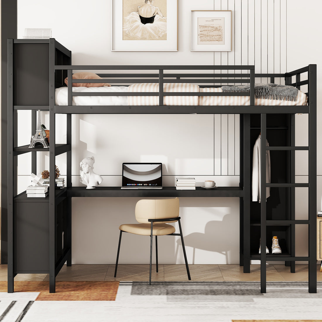 Metal Loft Bed With Wardrobe And L Shaped Desk, Full Size Loft Bed With Storage Cubes And Shelves, Heavy Duty Loft Bed For Kids Teens Adults, Black Full Black Metal
