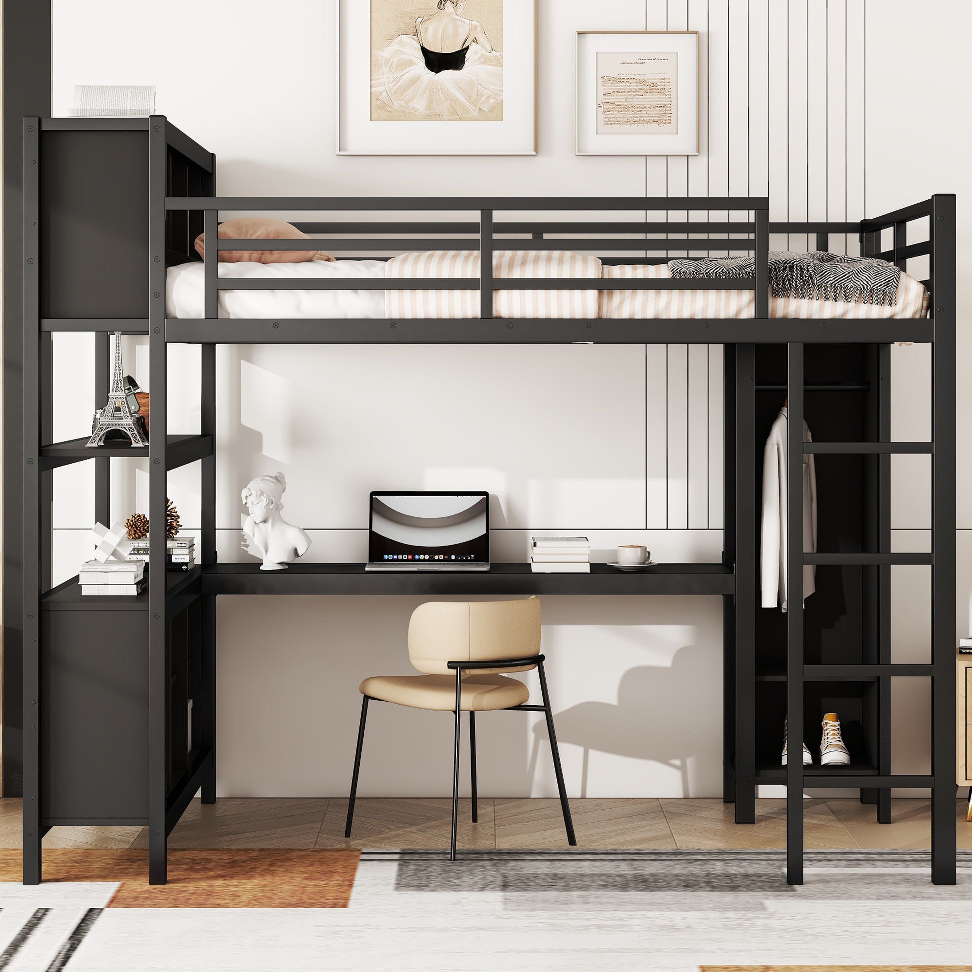 Metal Loft Bed With Wardrobe And L Shaped Desk, Full Size Loft Bed With Storage Cubes And Shelves, Heavy Duty Loft Bed For Kids Teens Adults, Black Full Black Metal