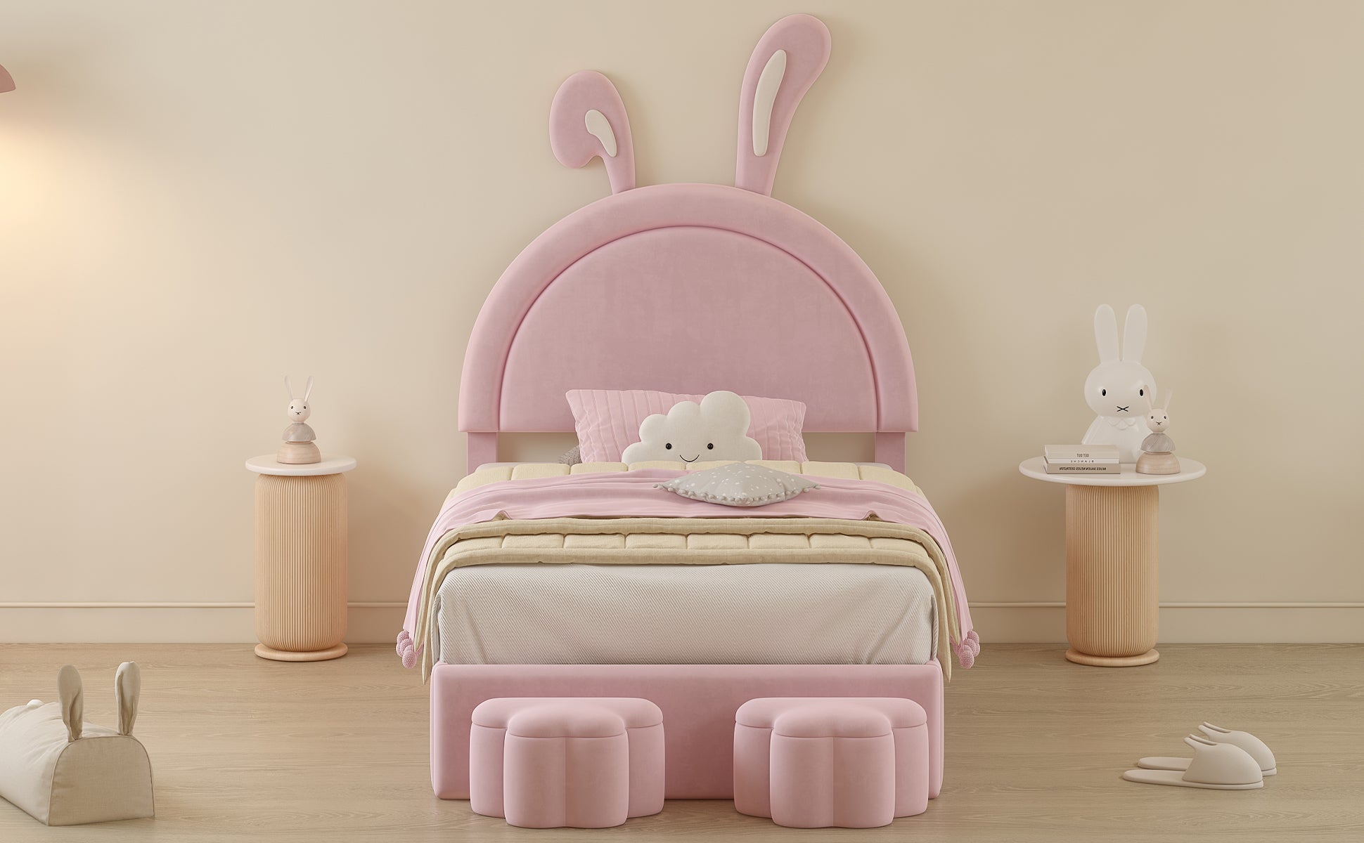 Twin Size Upholstered Rabbit Shape Bed With 2 Storage Stools, Velvet Platform Bed With Cartoon Ears Shaped Headboard, Pink Twin Pink Wood