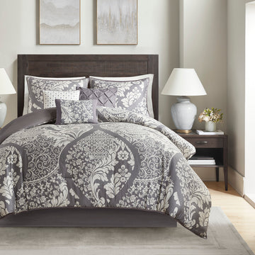 7 Piece Cotton Printed Comforter Set Grey King King Grey Polyester