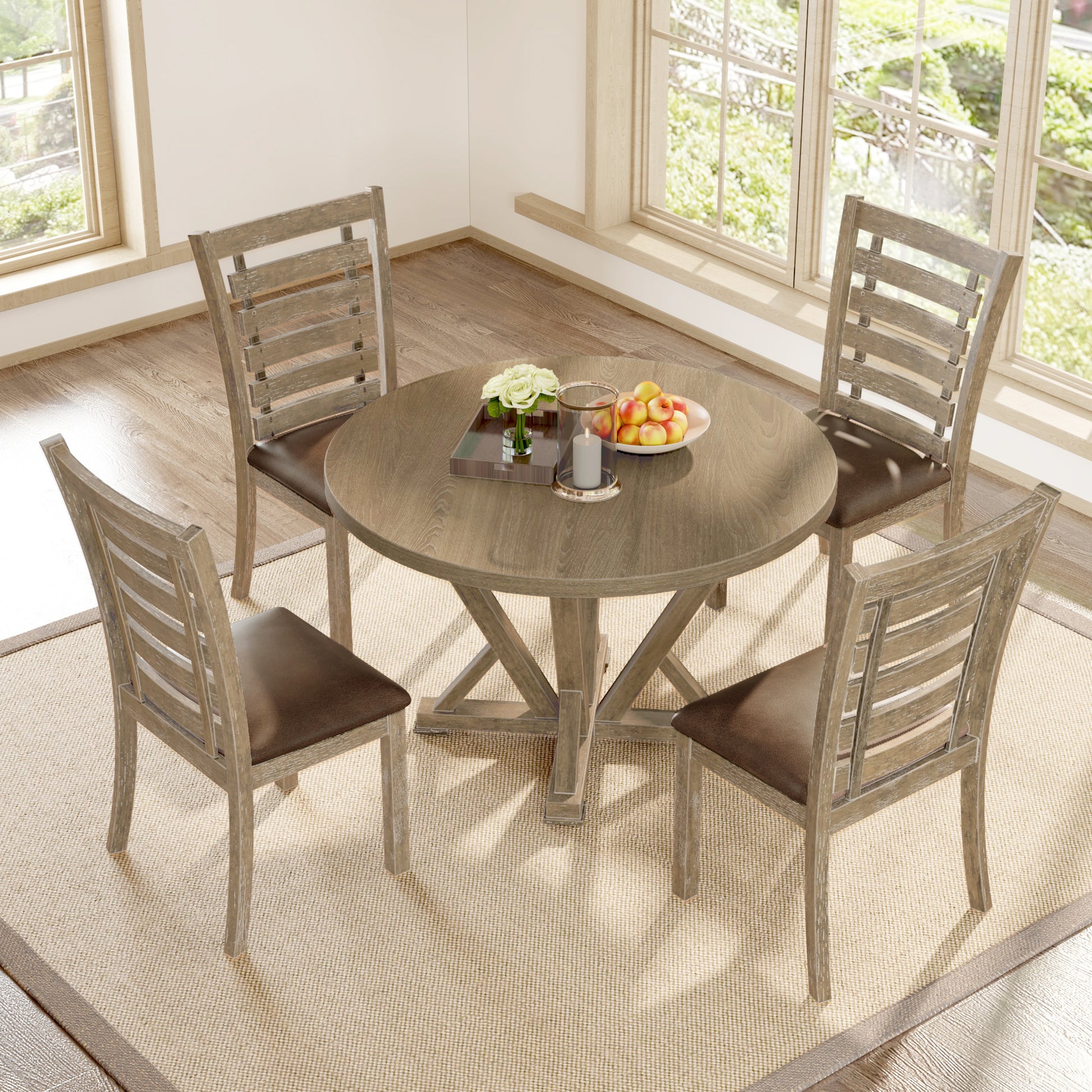 5Pcs Table Set Round Dining Table Solid Wood Modern Farmhouse Rustic Look Distressed Look Wood Grayish Brown Ladder Back Seats 4 Light Brown Dining Room Fixed Table American Design,Farmhouse,French Country,Rustic,Vintage Rubberwood Round Round Dining