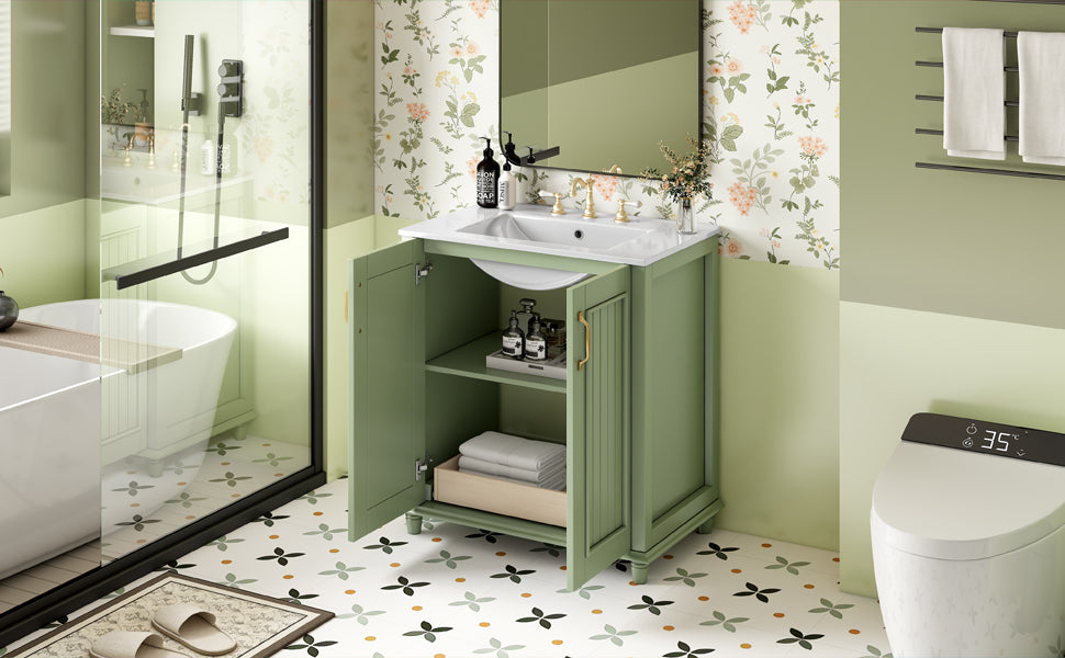 30 Inch Bathroom Vanity With Resin Sink, Freestanding Bathroom Vanity Set With Hidden Drawer, Storage Cabinet For Bathroom, Solid Wood Frame Bathroom Cabinet Green Bathroom Modern Solid Wood Mdf Resin