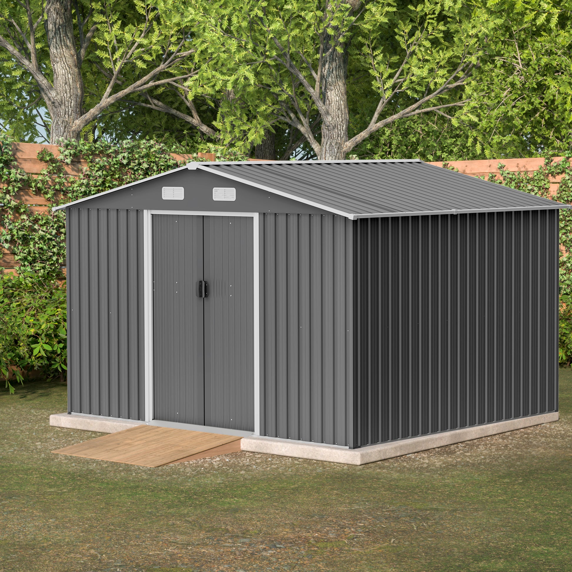 10X8 Ft Outdoor Storage Shed, Metal Foundation & Lockable Doors, Tool Shed For Garden, Patio, Backyard, Lawn, Grey Gray Metal